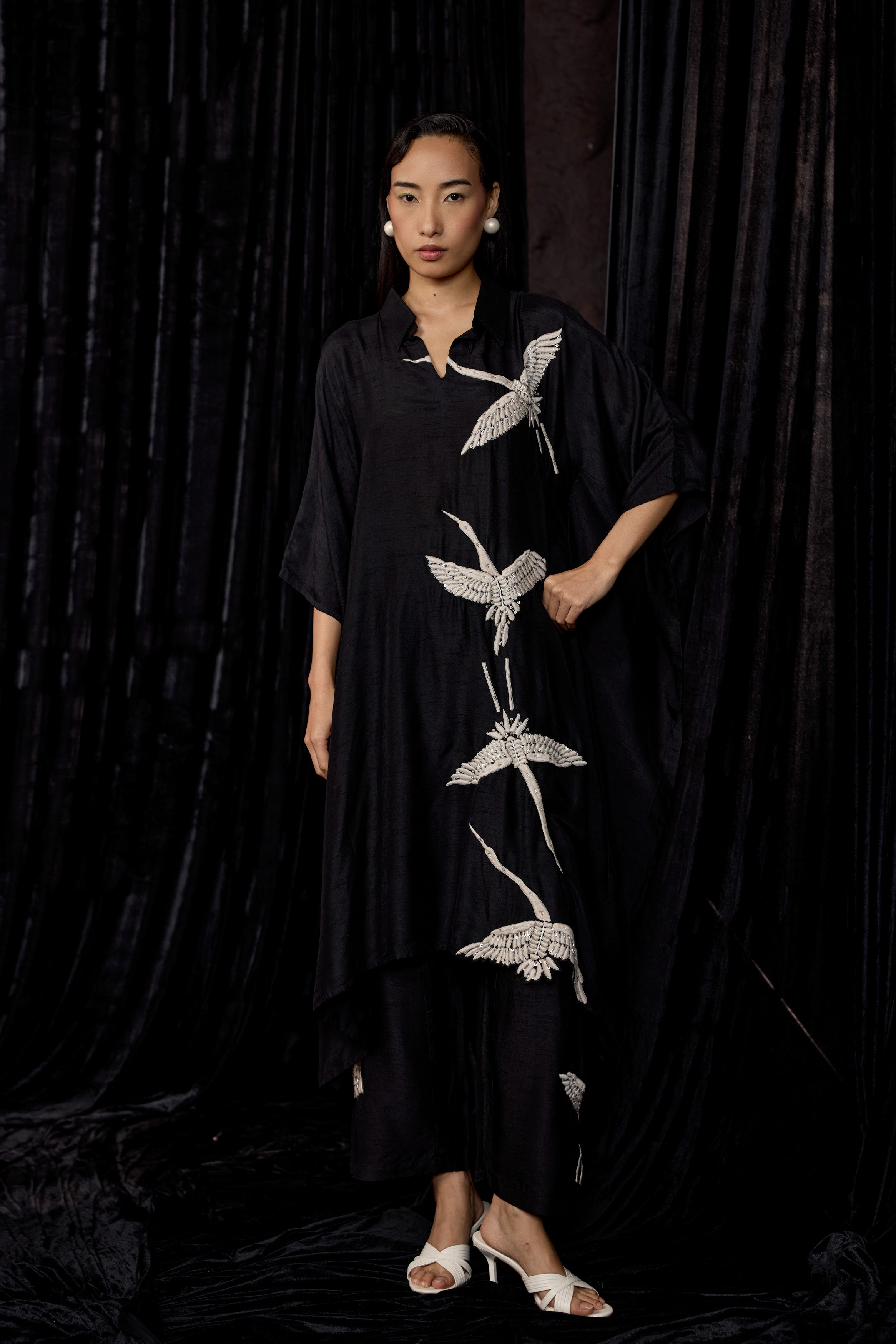 Classic Black Embroidered Raw Silk Kaftan Set