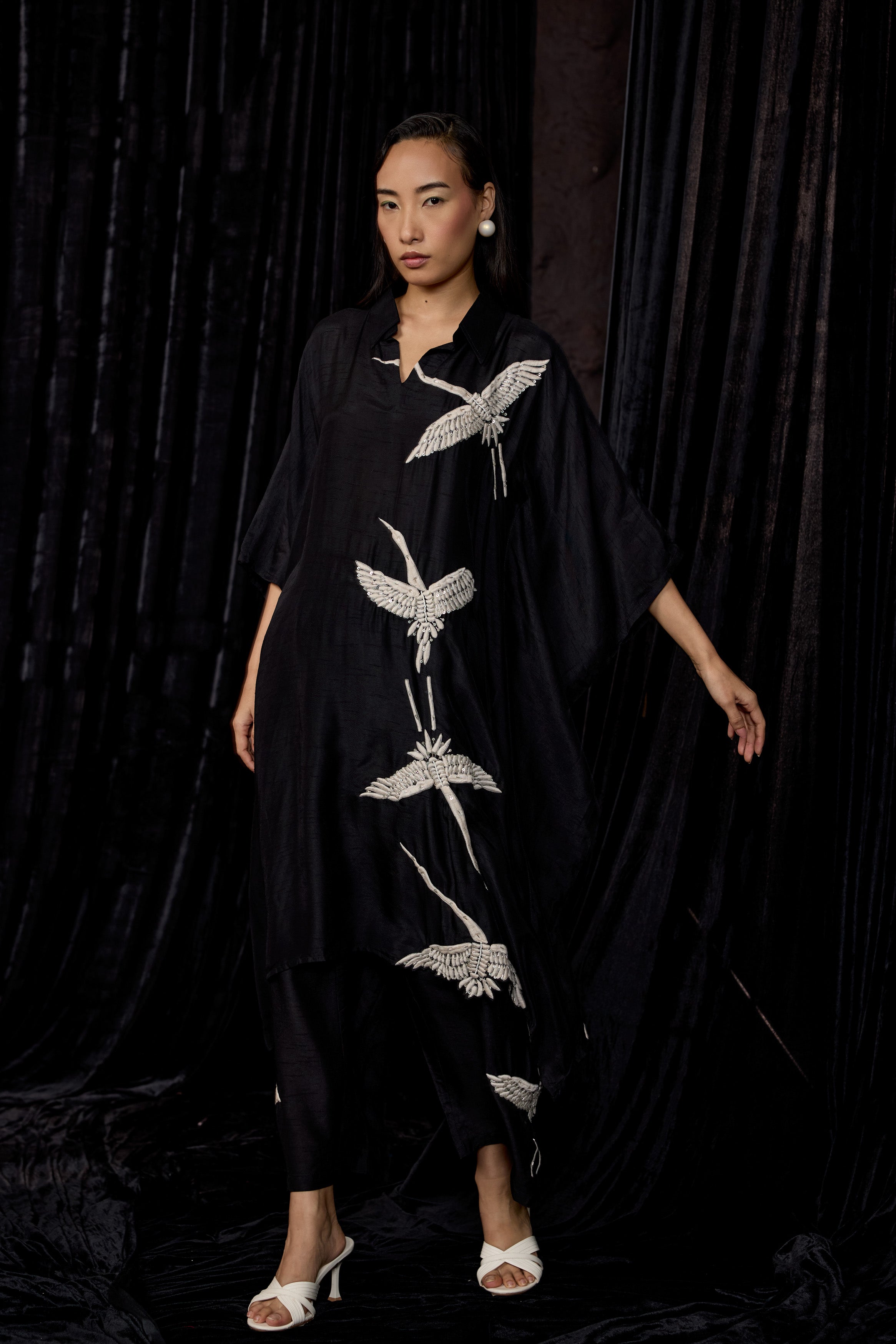 Classic Black Embroidered Raw Silk Kaftan Set