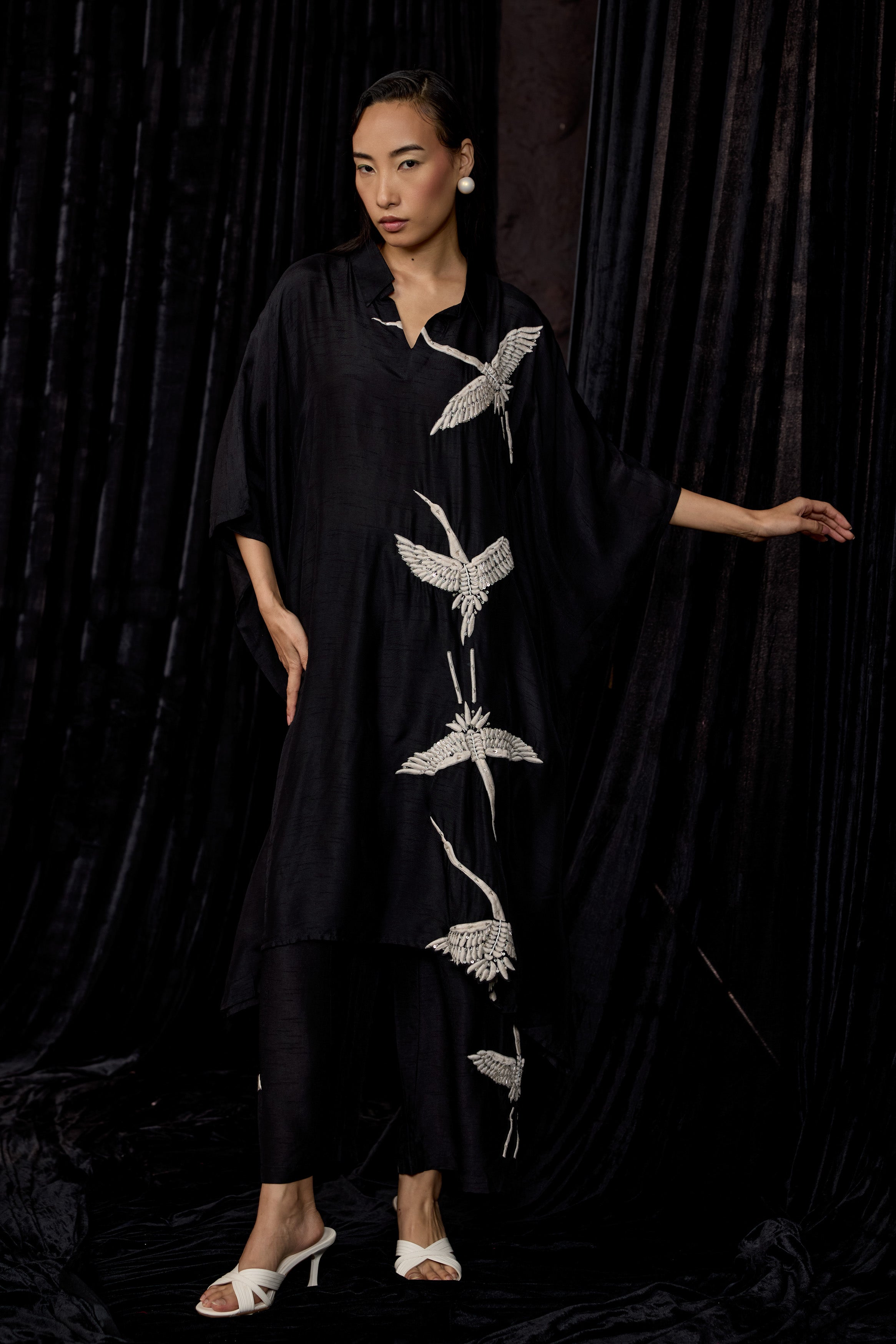 Classic Black Embroidered Raw Silk Kaftan Set