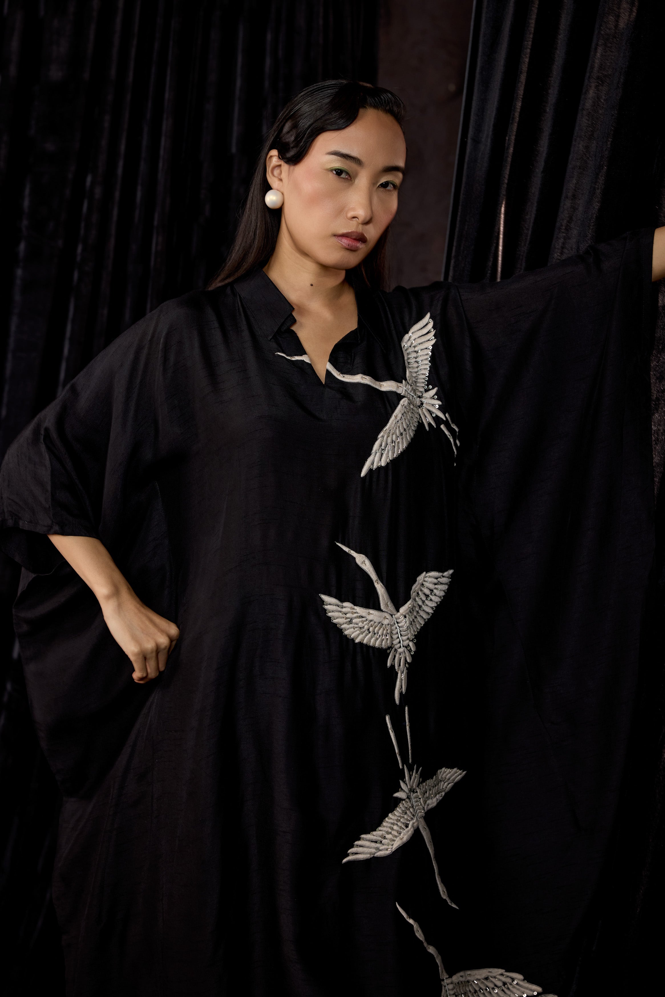 Classic Black Embroidered Raw Silk Kaftan Set