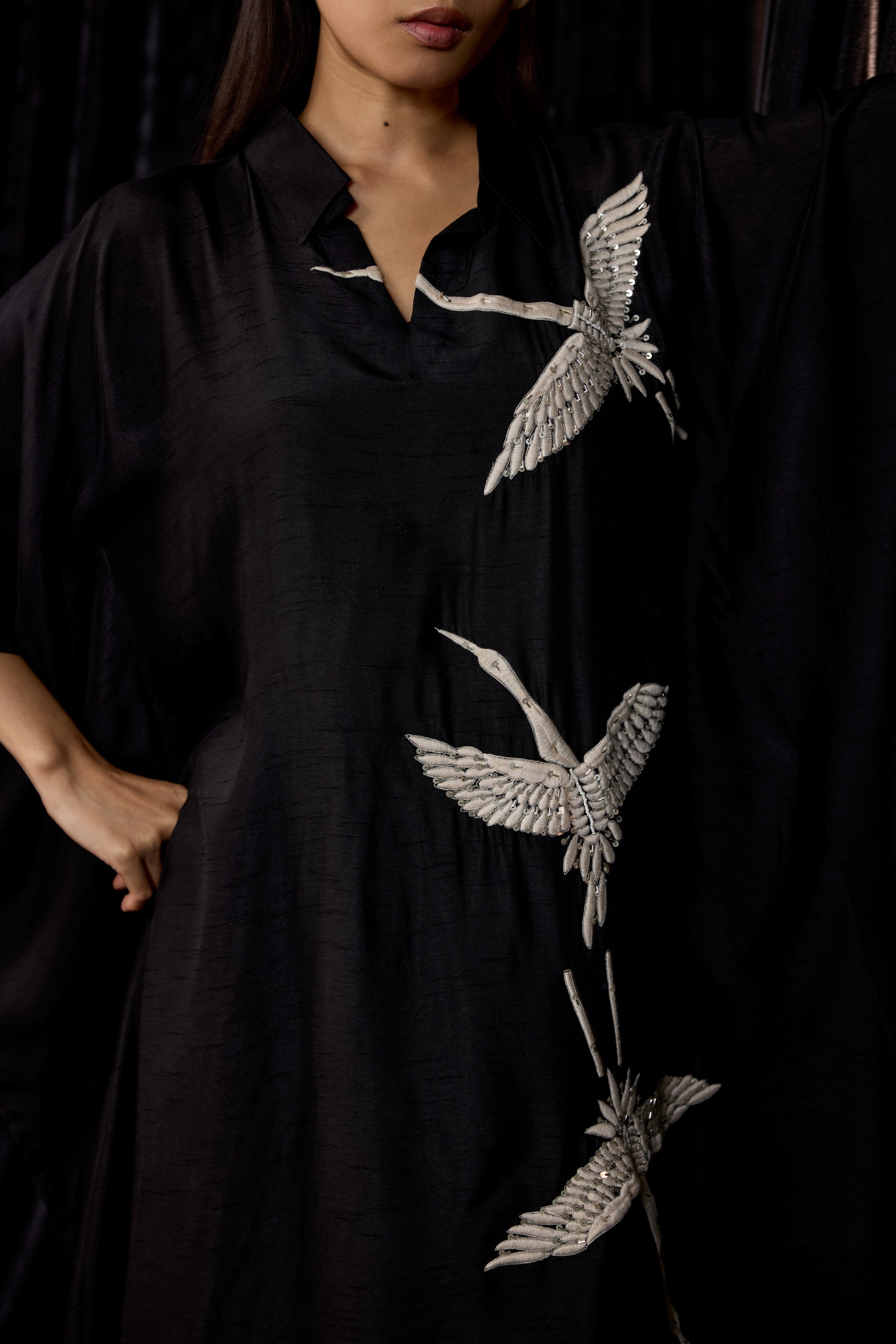Classic Black Embroidered Raw Silk Kaftan Set
