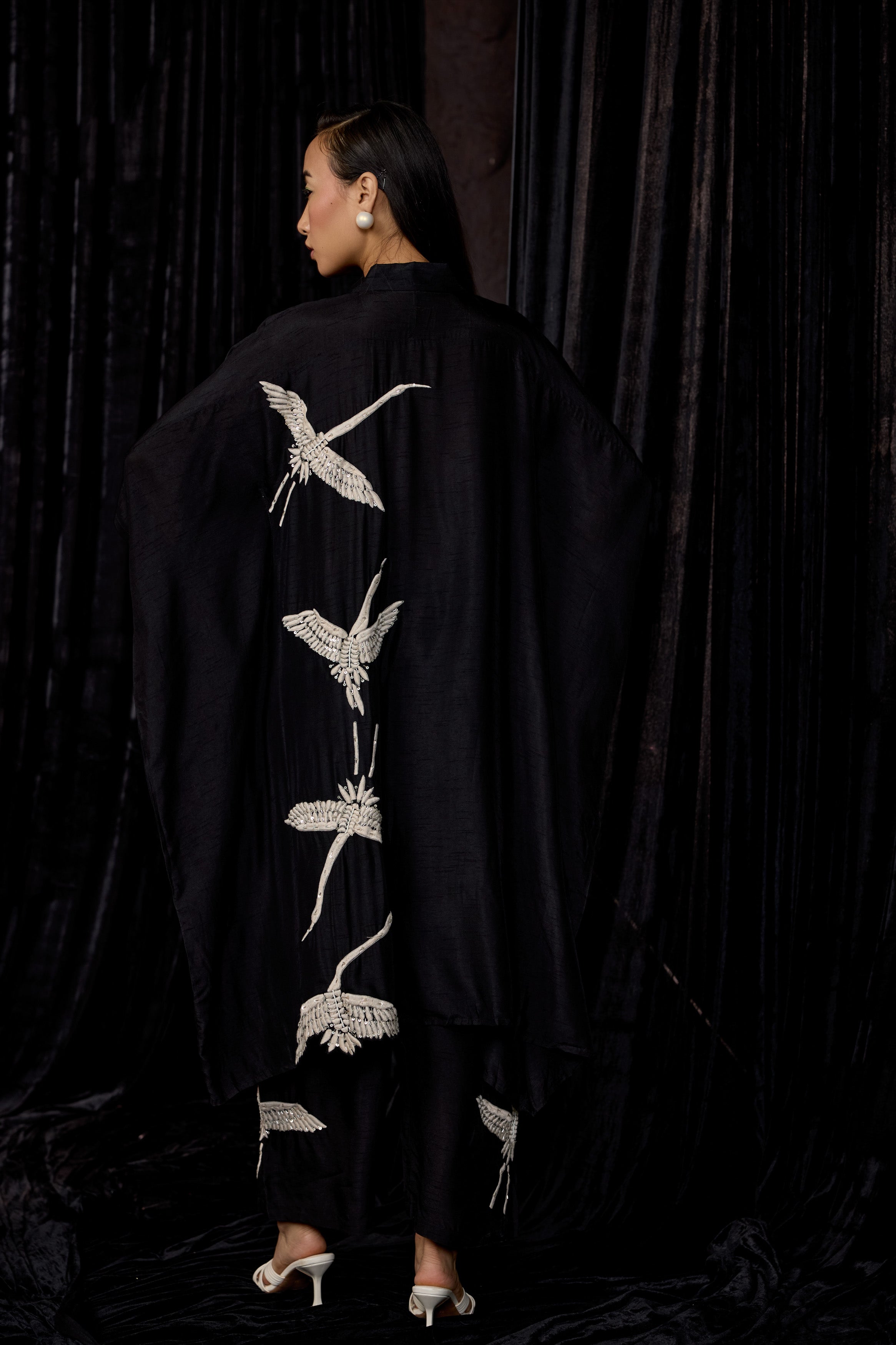 Classic Black Embroidered Raw Silk Kaftan Set