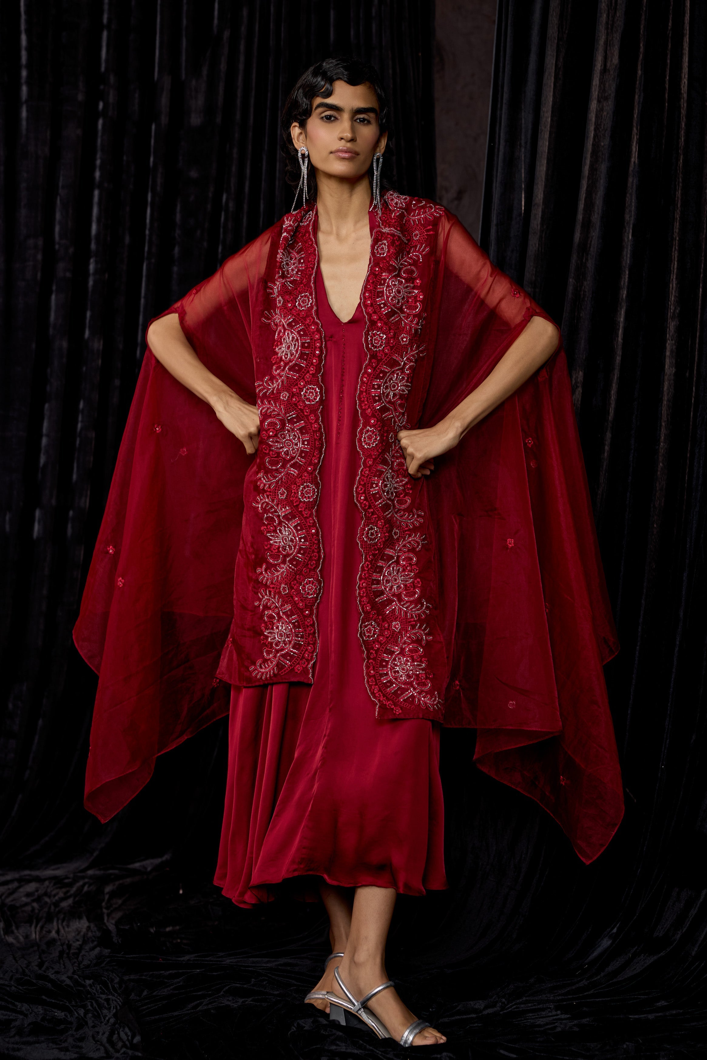 Maroon Embellished Satin Silk Dress