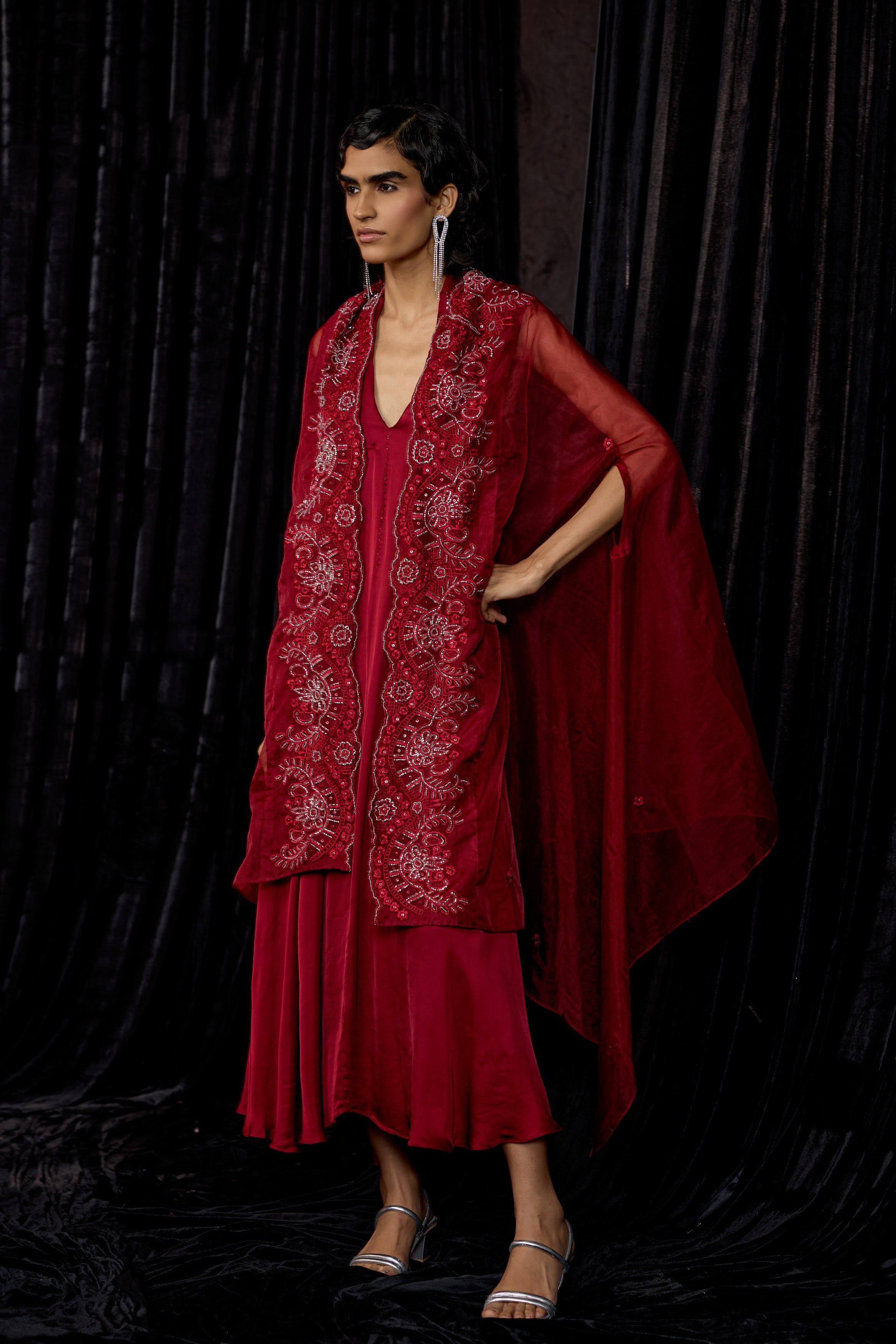 Maroon Embellished Satin Silk Dress