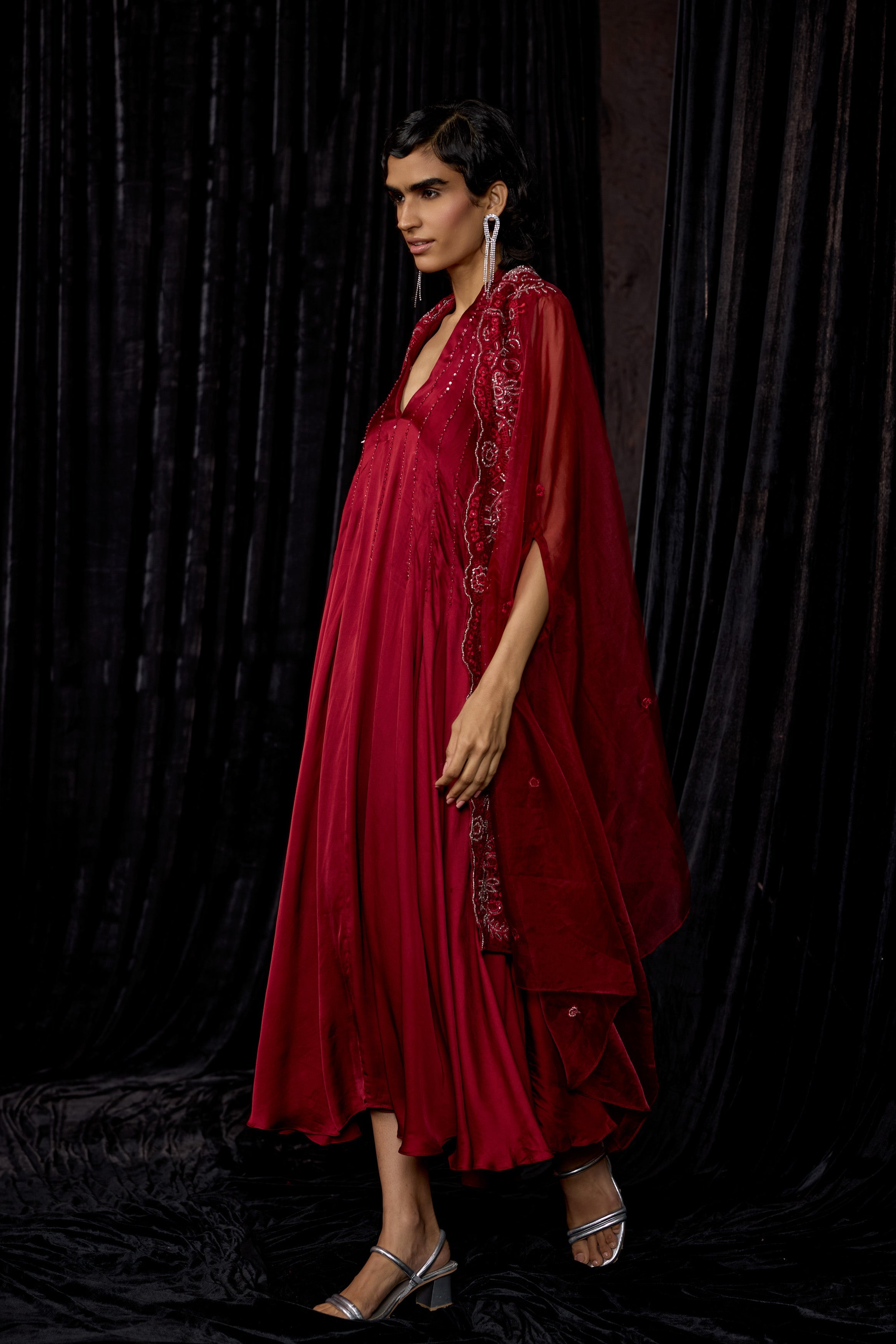 Maroon Embellished Satin Silk Dress
