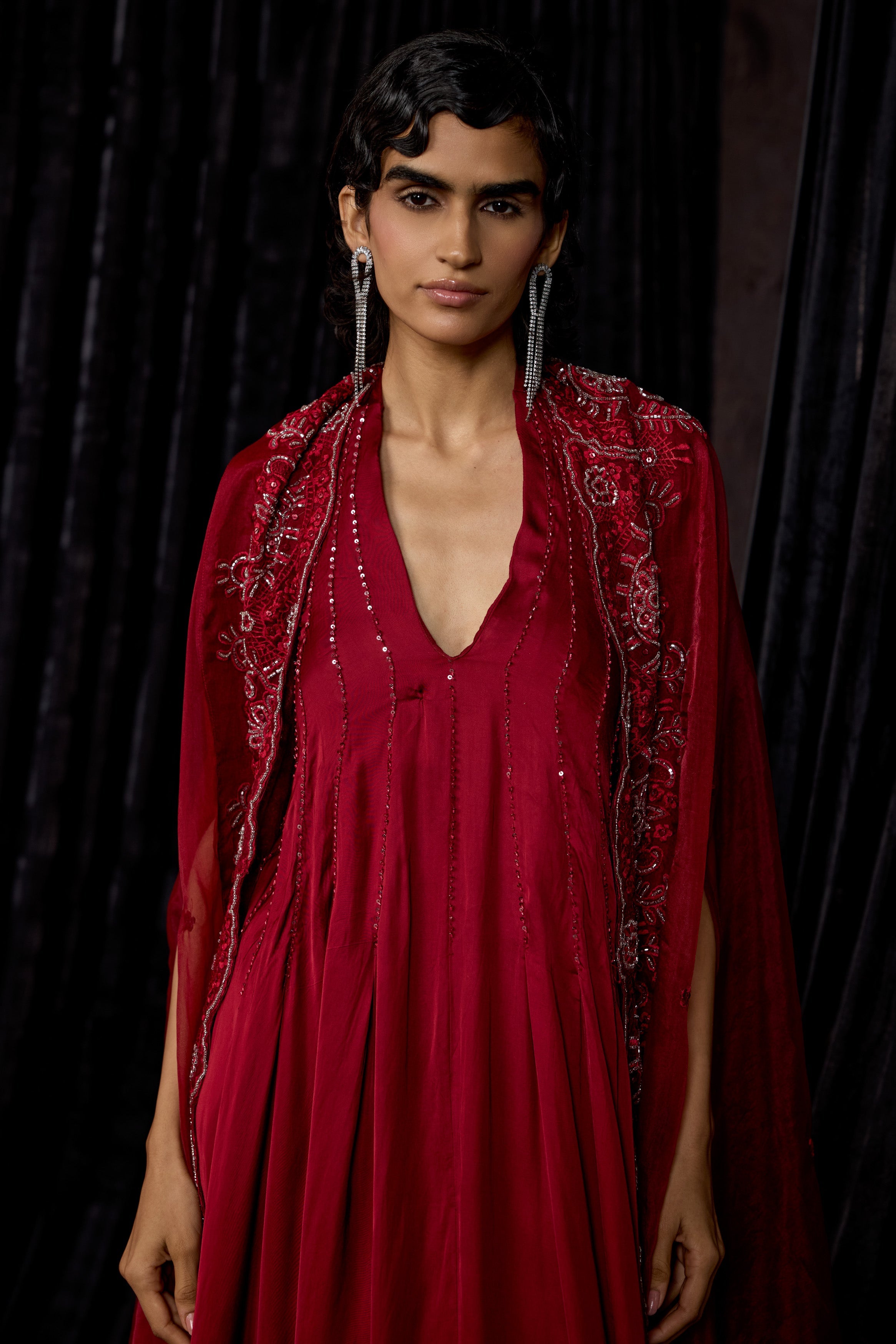 Maroon Embellished Satin Silk Dress