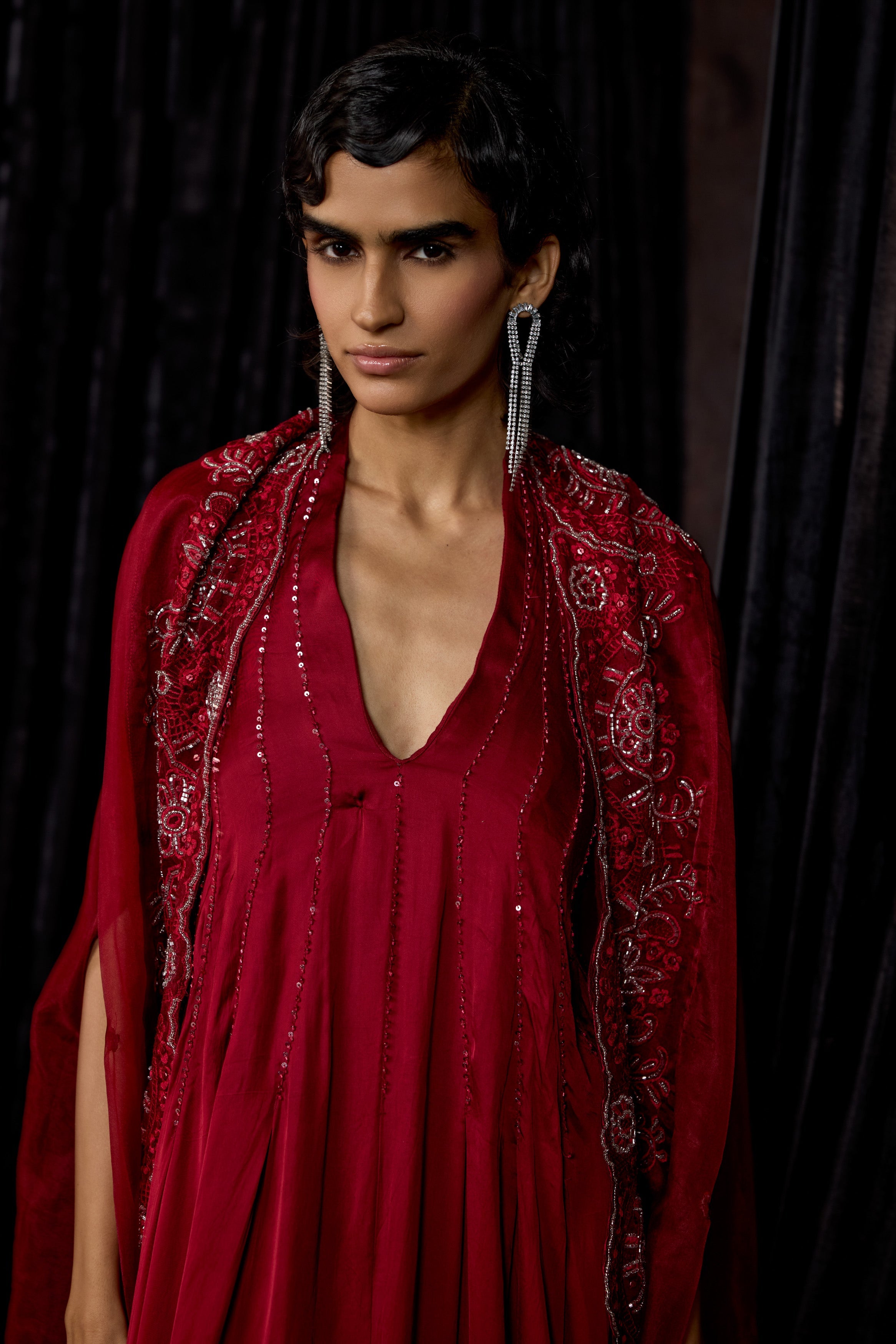 Maroon Embellished Satin Silk Dress