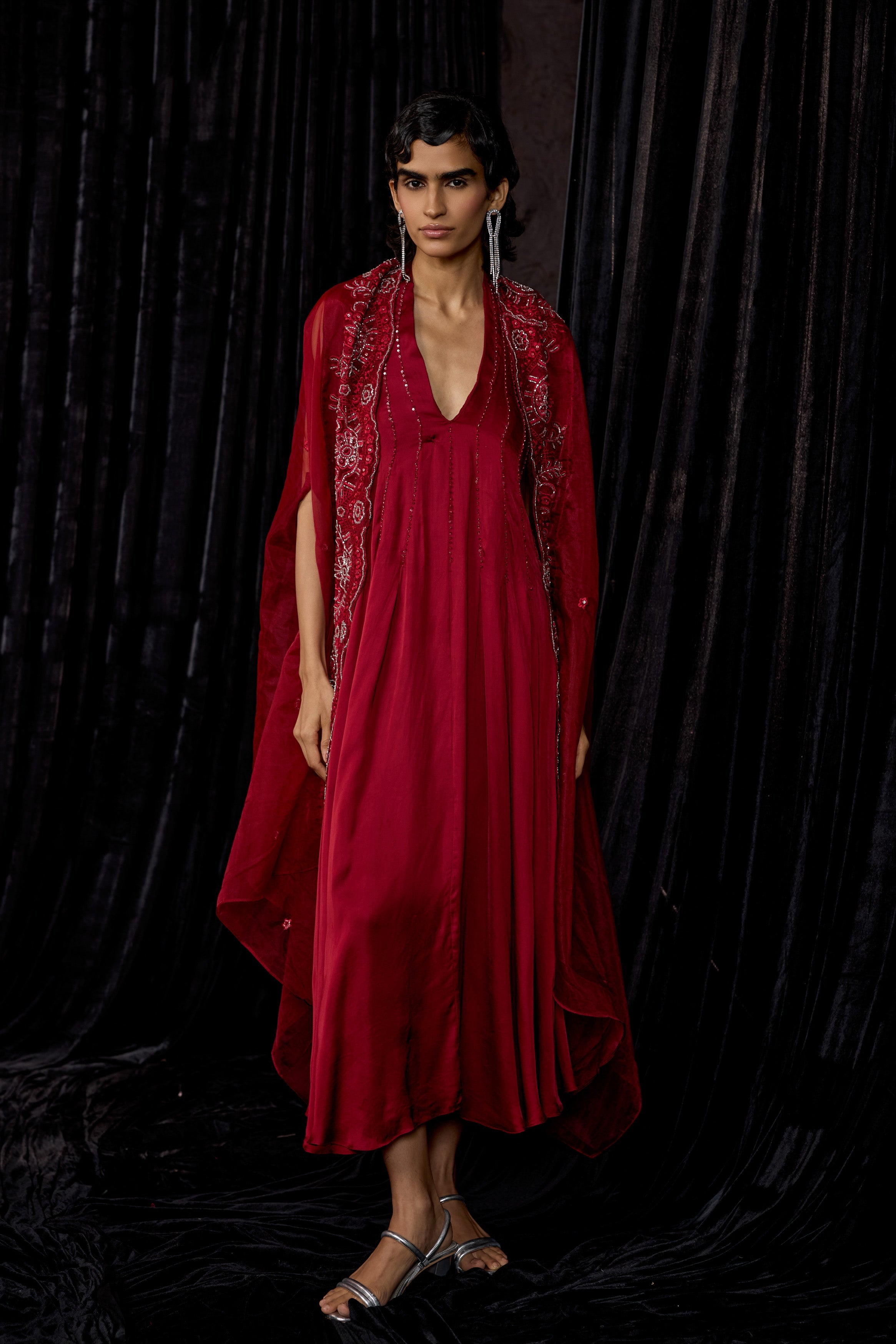 Maroon Embellished Satin Silk Dress