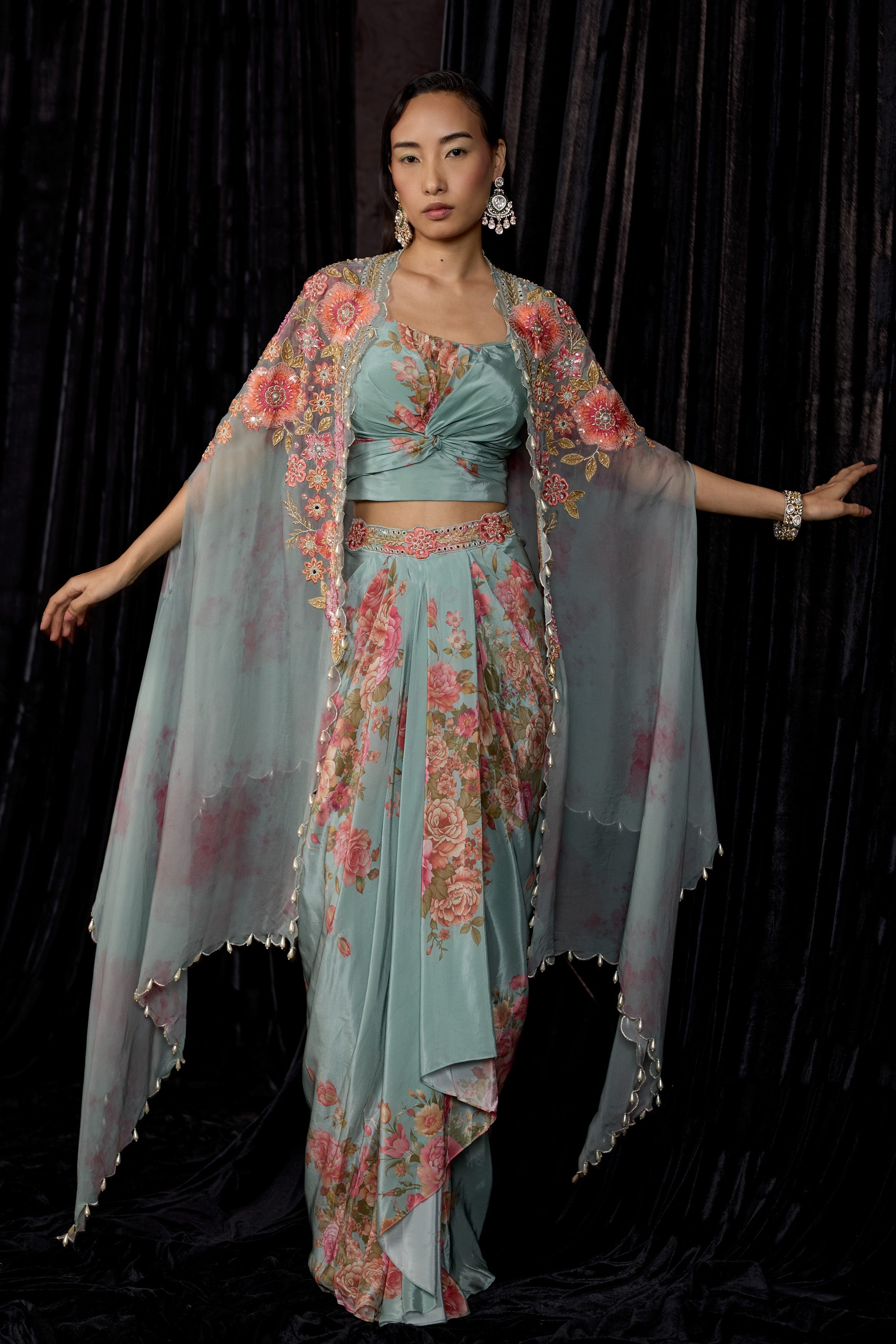 Dusty Blue Embellished Crepe Silk Drape Skirt Set