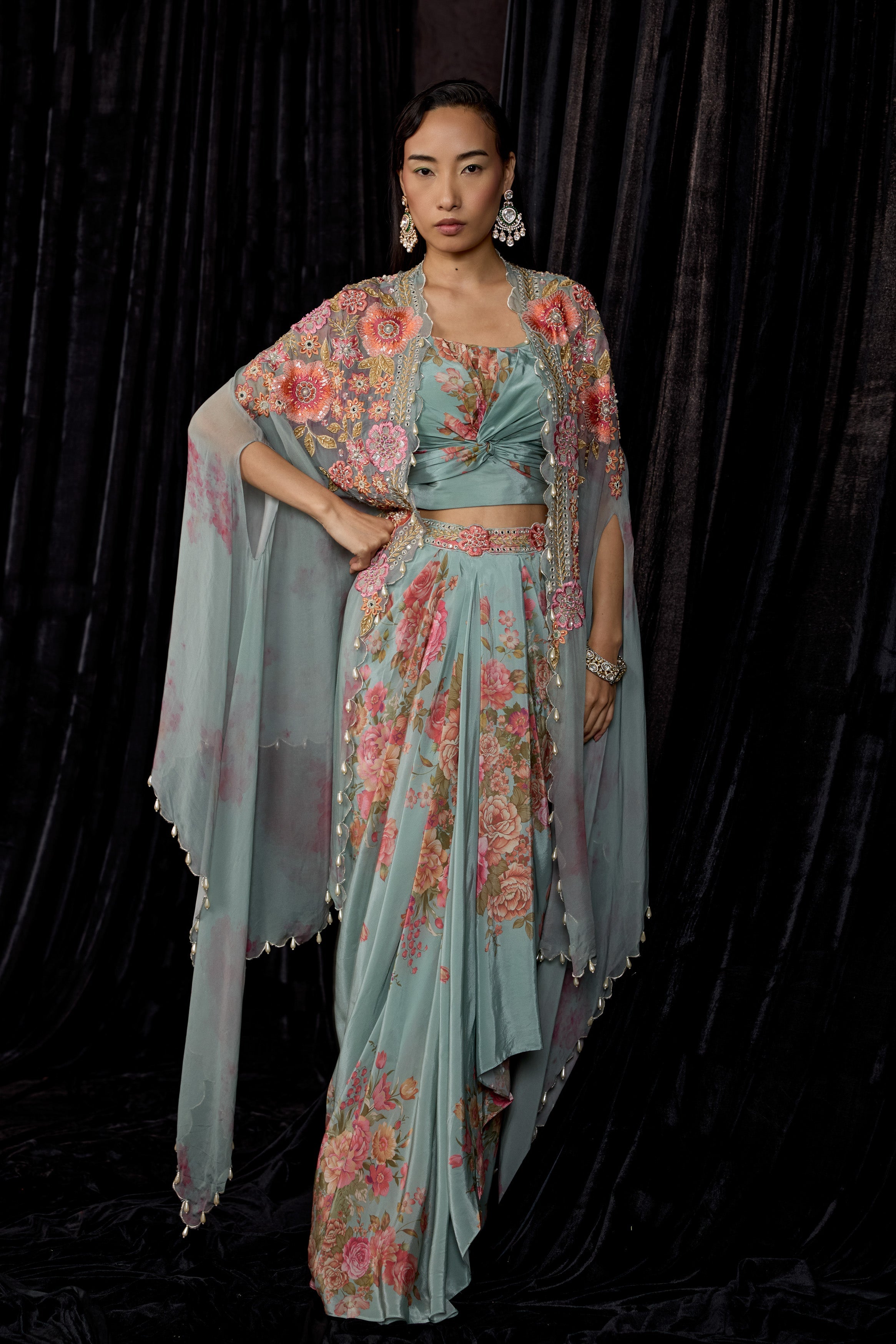 Dusty Blue Embellished Crepe Silk Drape Skirt Set