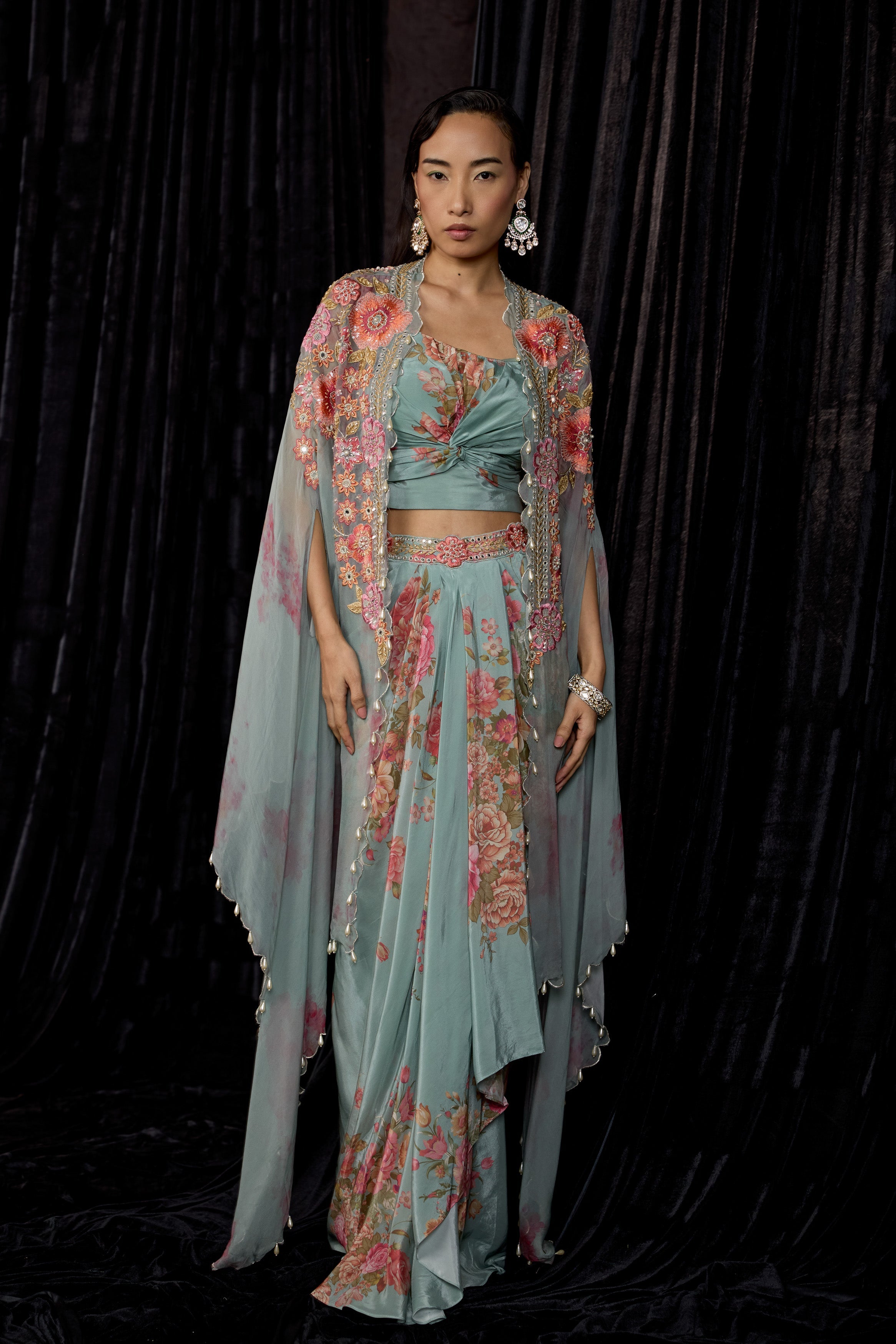Dusty Blue Embellished Crepe Silk Drape Skirt Set