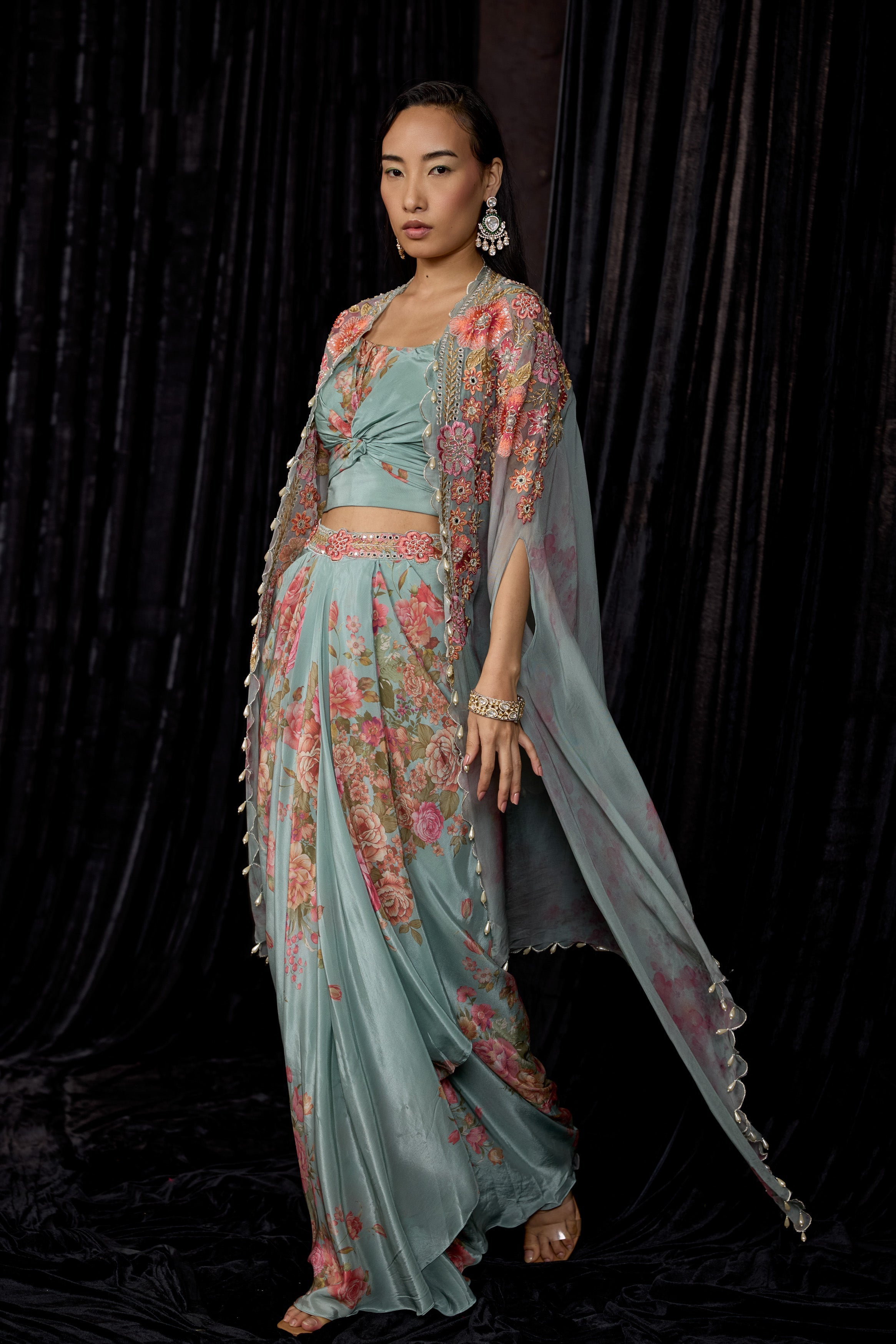 Dusty Blue Embellished Crepe Silk Drape Skirt Set