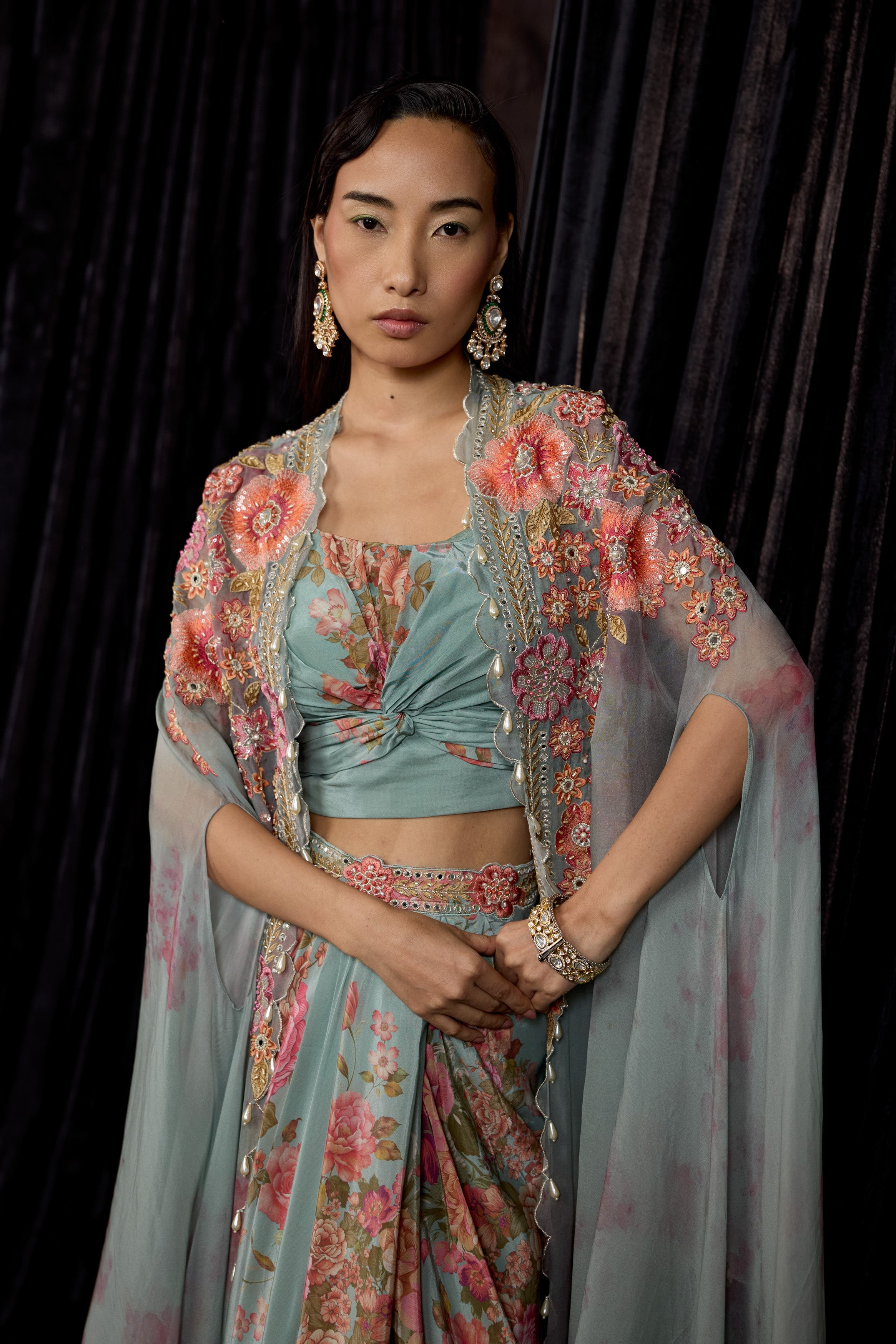 Dusty Blue Embellished Crepe Silk Drape Skirt Set