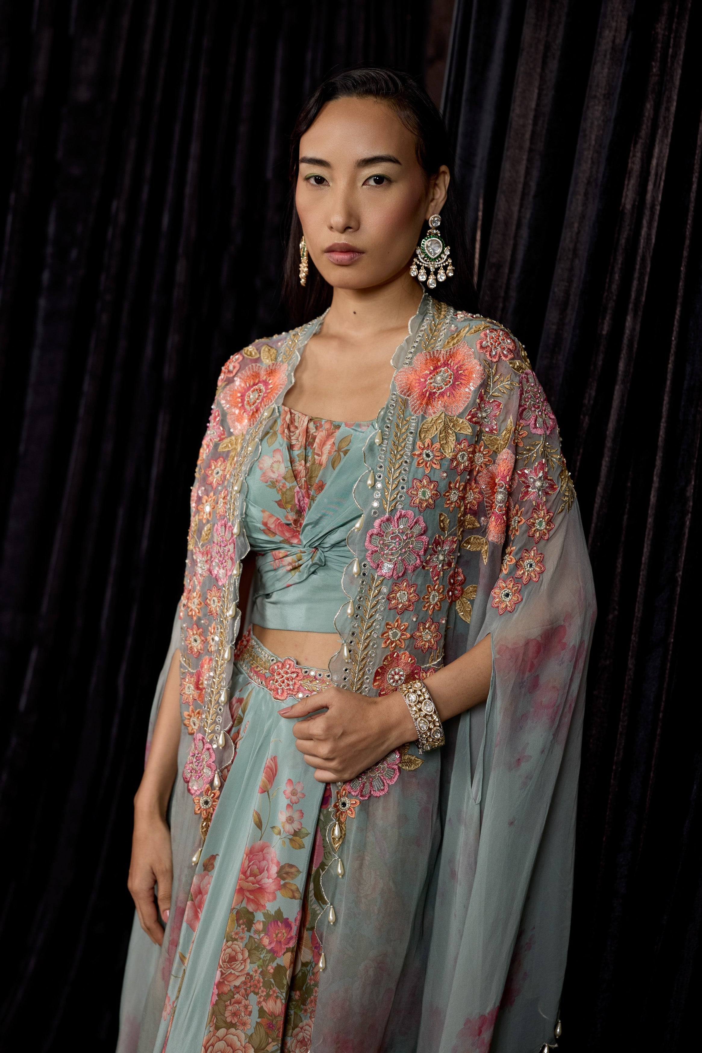 Dusty Blue Embellished Crepe Silk Drape Skirt Set