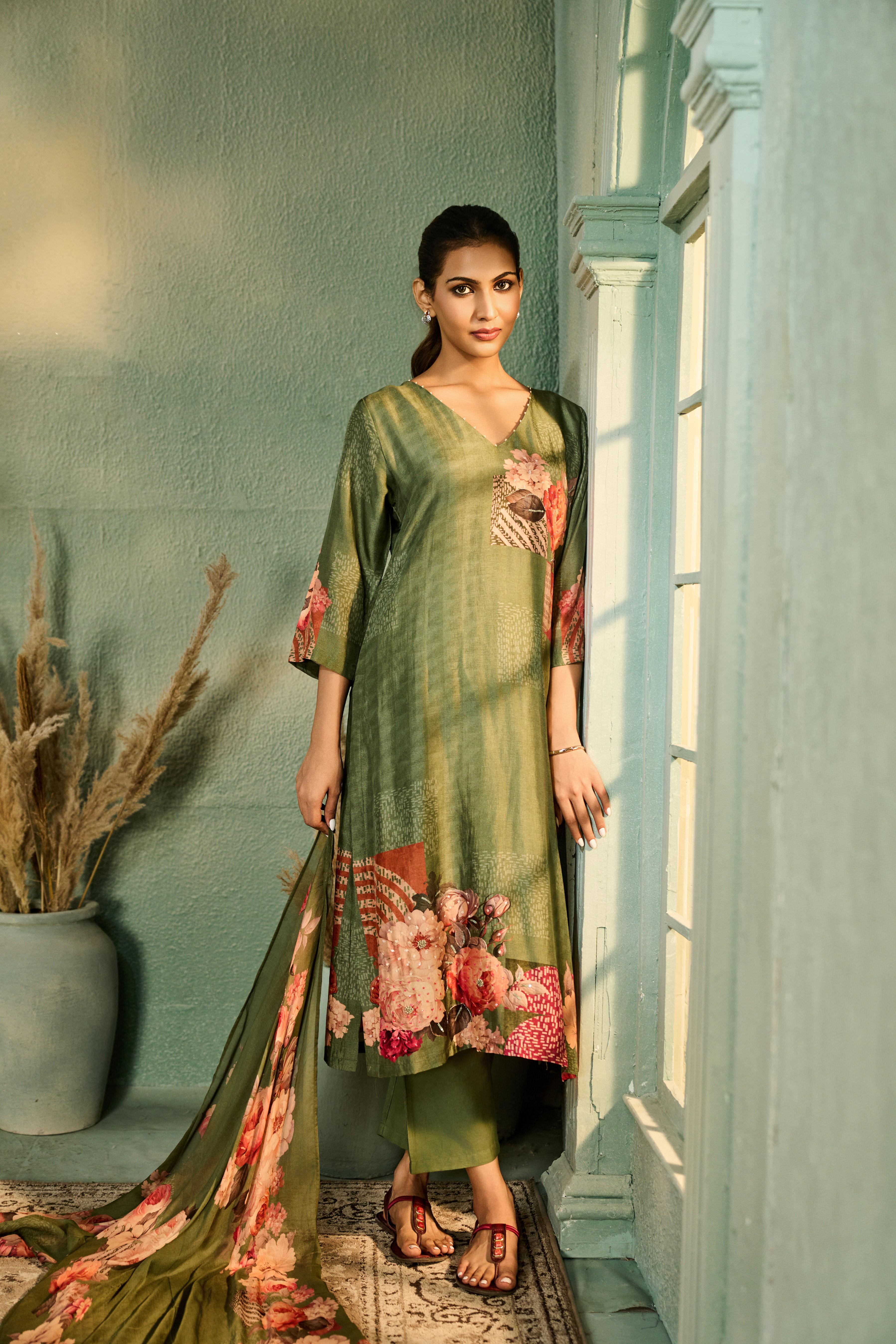 Olive Green Printed Muslin Silk Pant Set