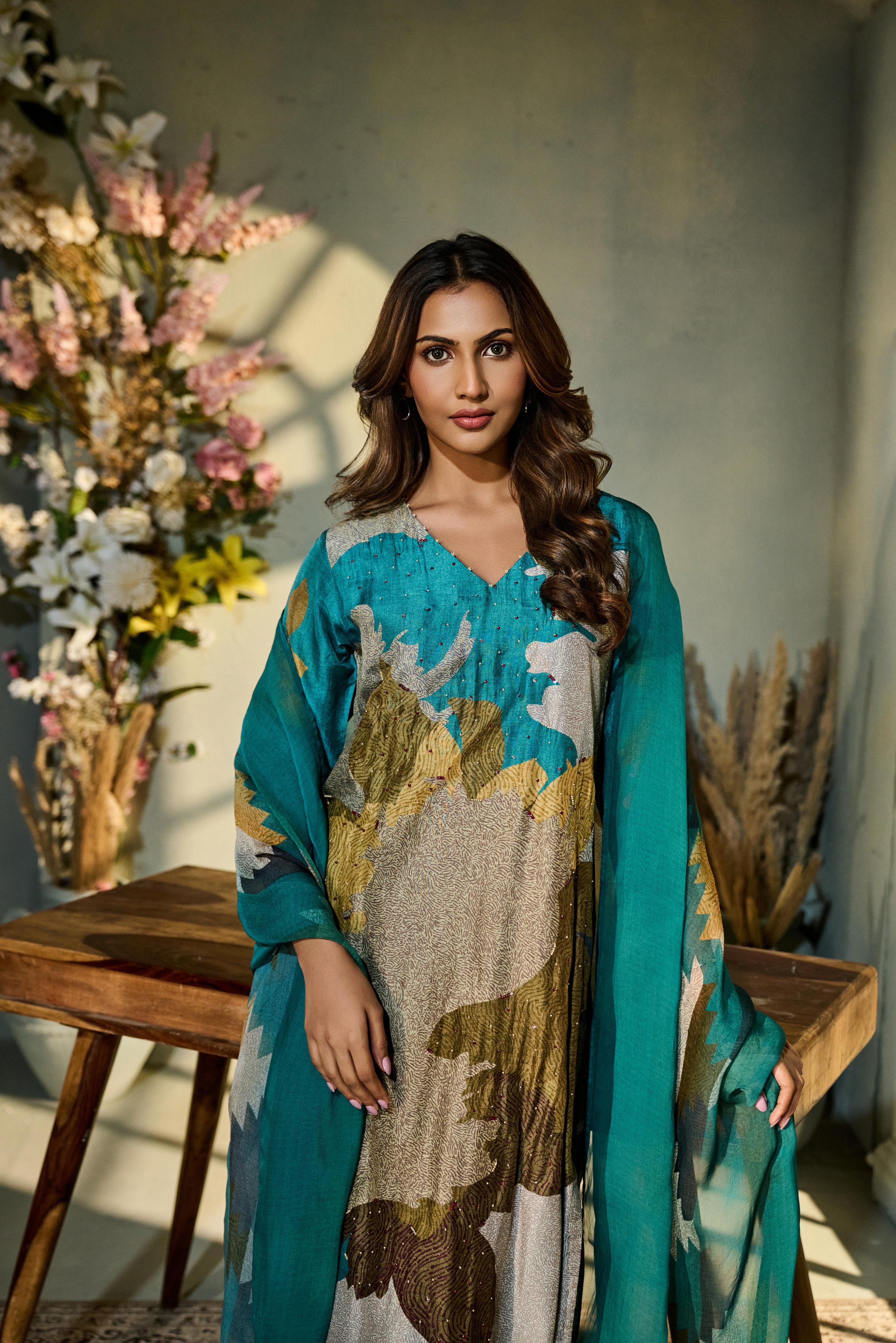 Teal Green Printed Muslin Silk Pant Set