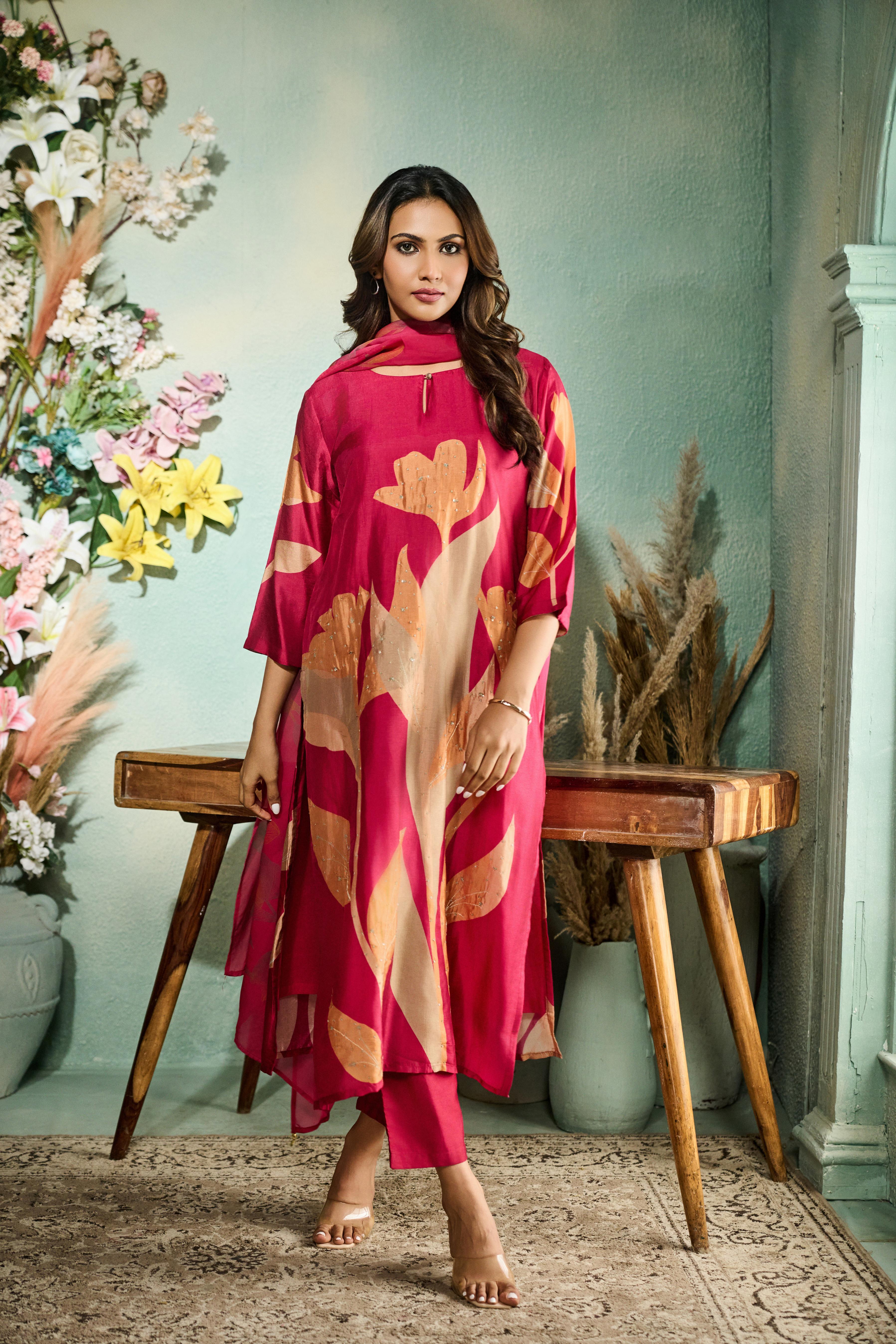 Rani Pink  Printed Muslin Silk Pant Set