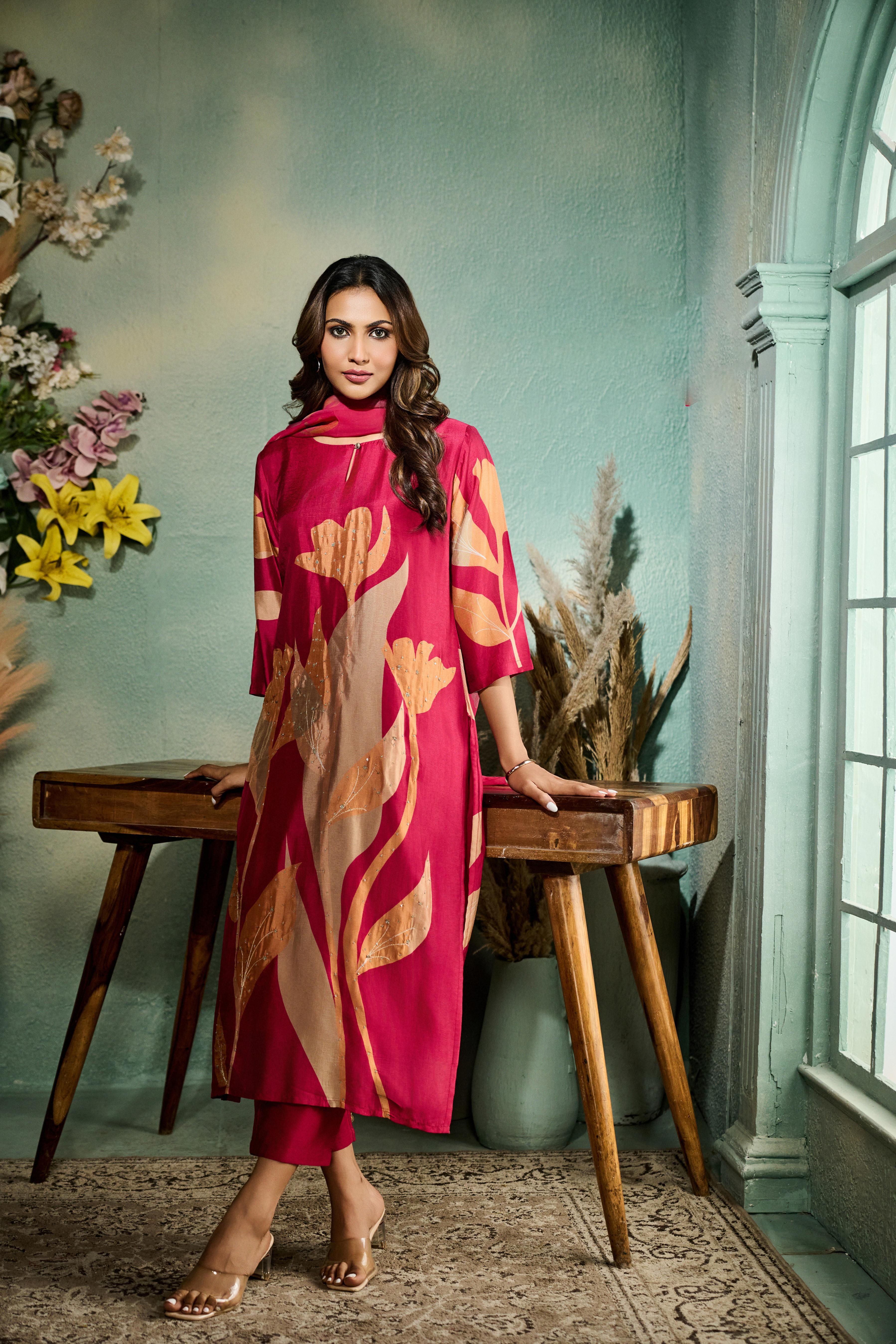 Rani Pink  Printed Muslin Silk Pant Set