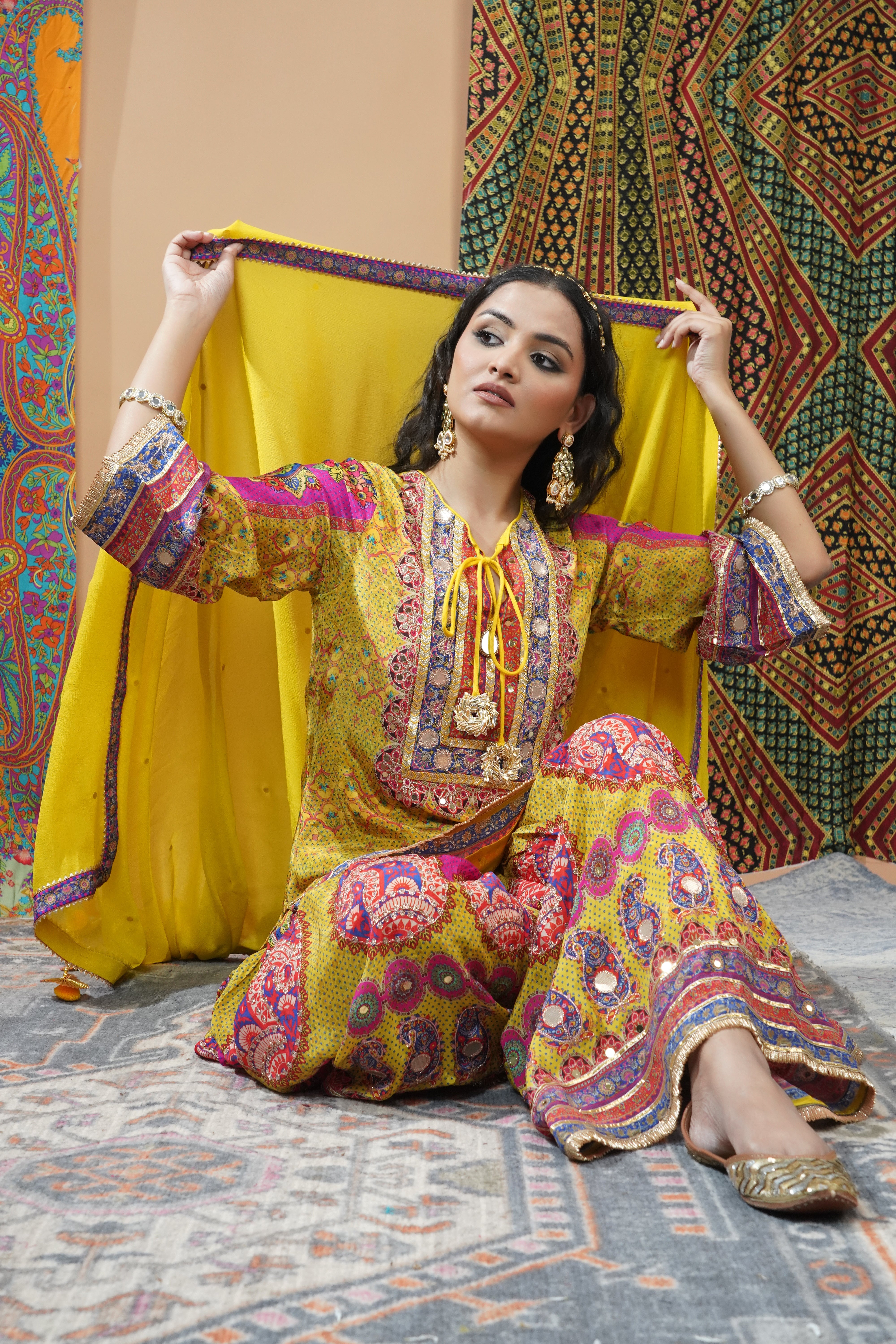 Festive Yellow Ethnic Printed Crepe Silk Sharara Set