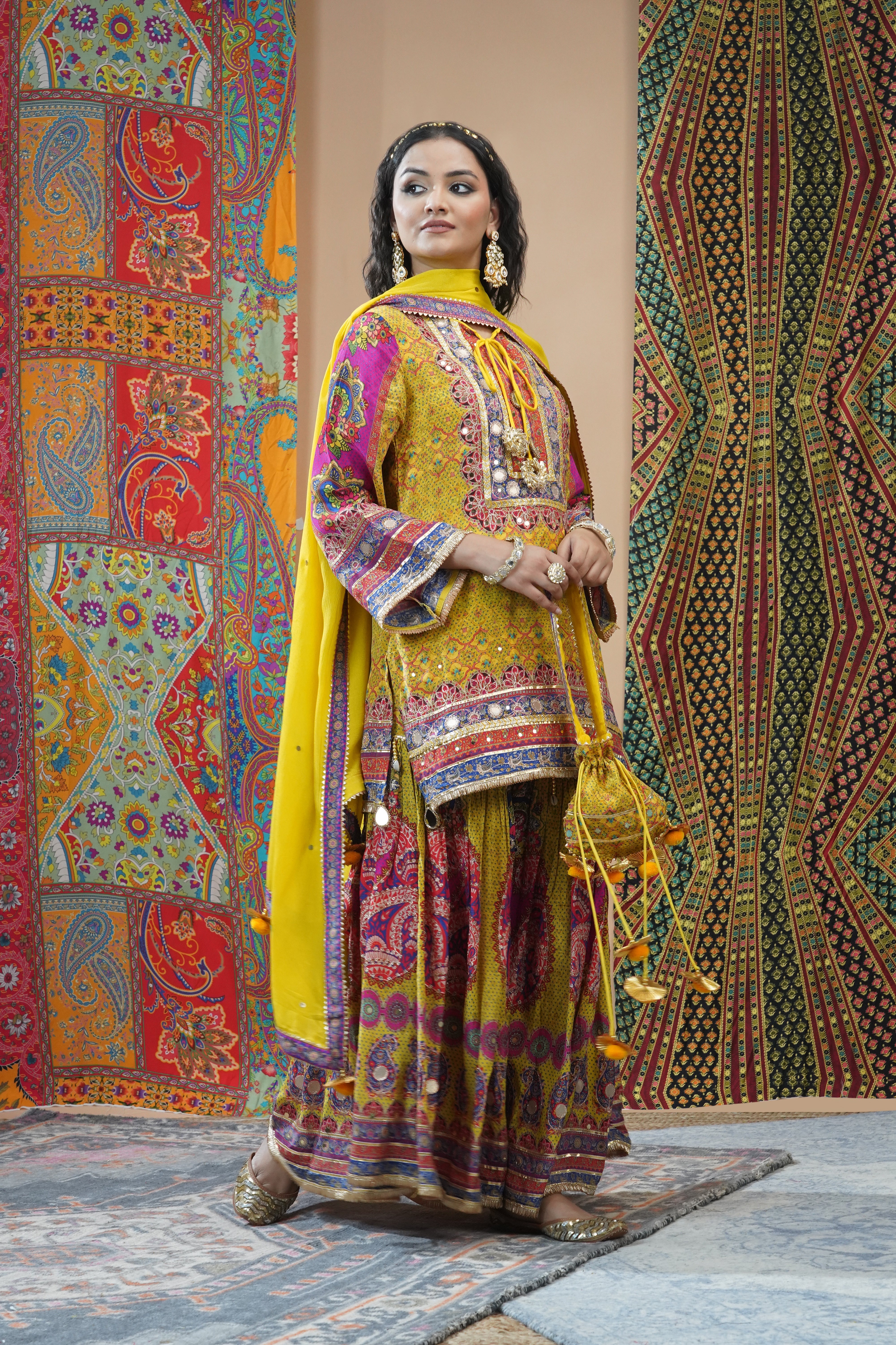 Festive Yellow Ethnic Printed Crepe Silk Sharara Set