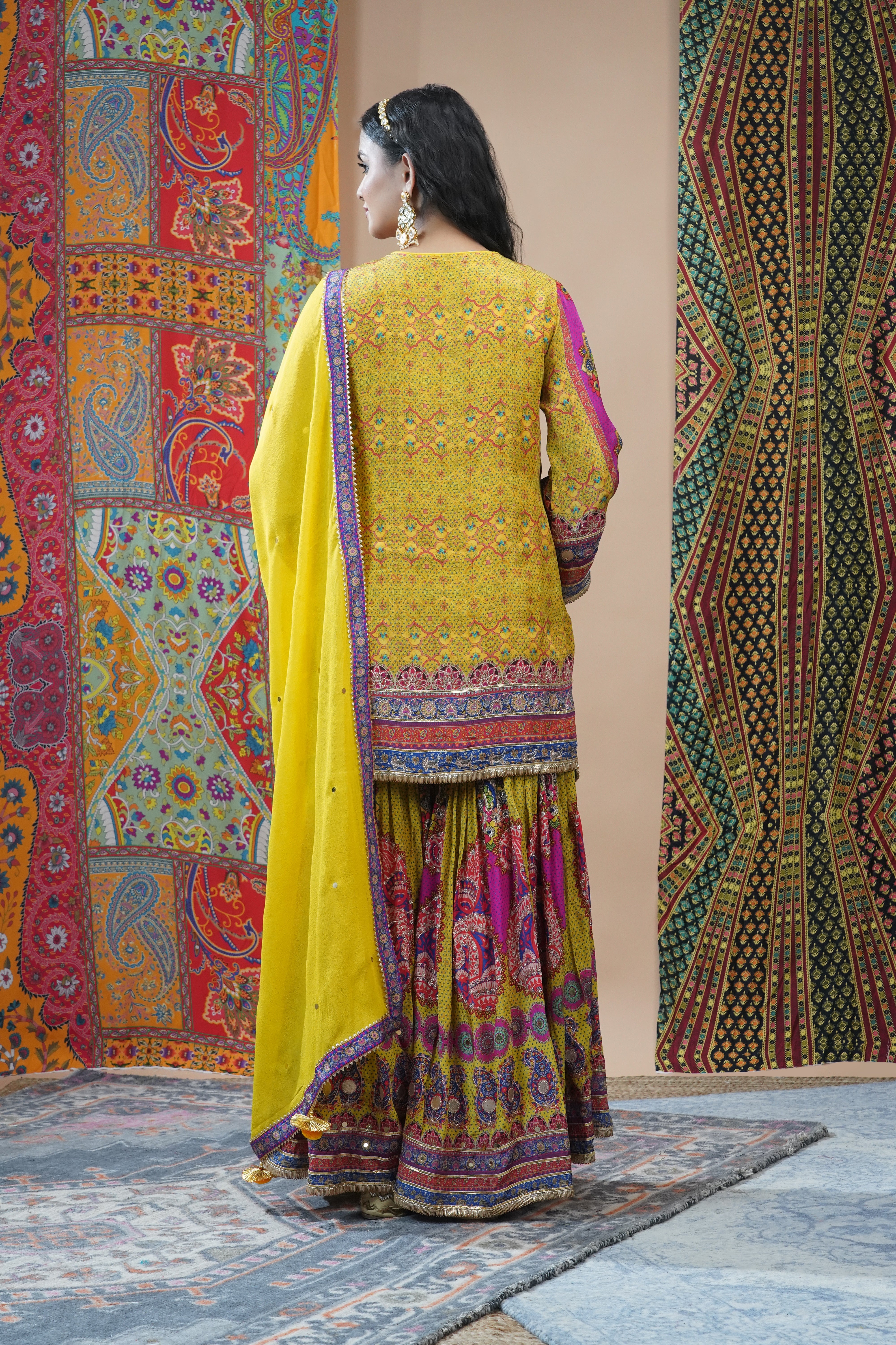 Festive Yellow Ethnic Printed Crepe Silk Sharara Set