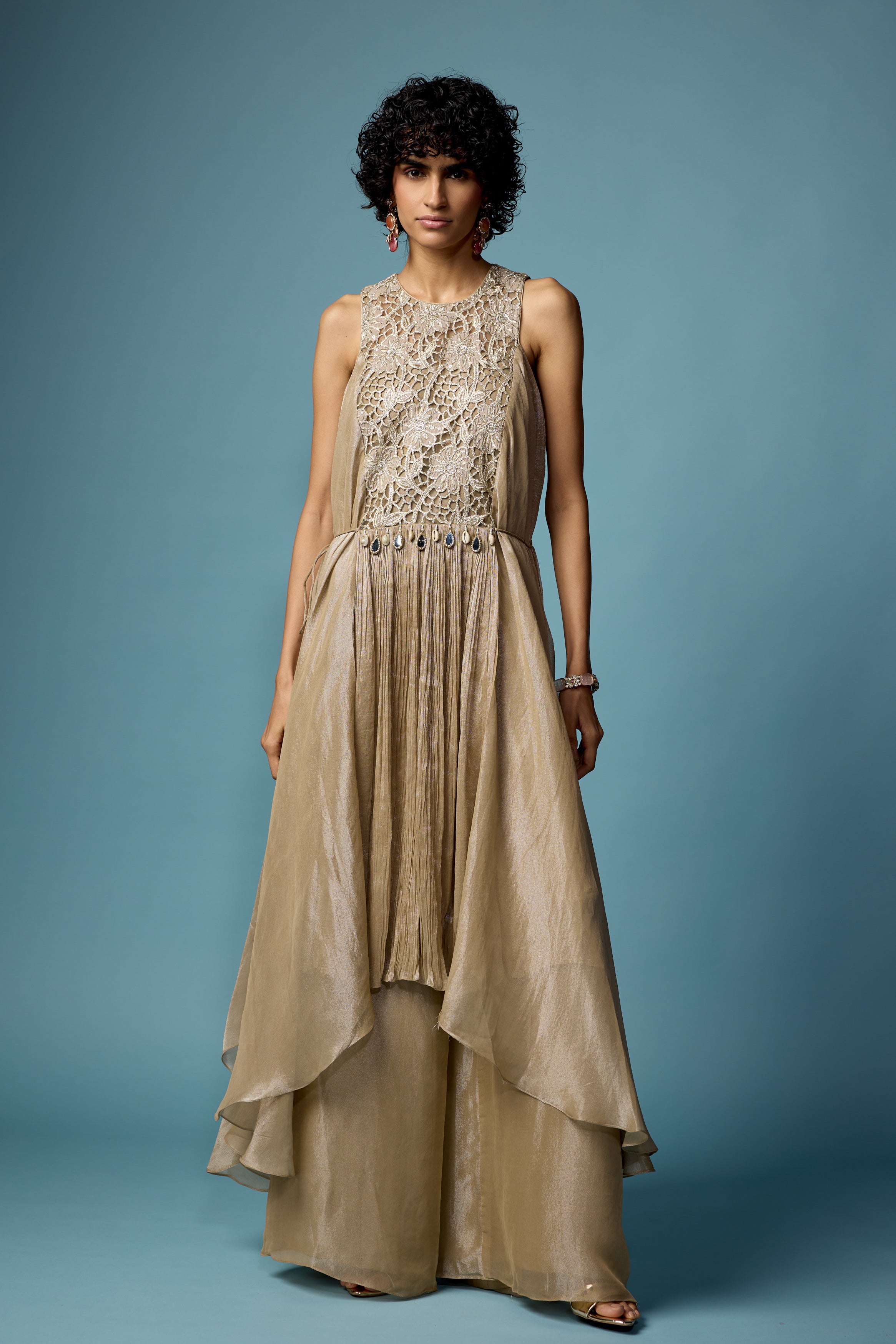 Champagne Beige Embellished Organza Silk Sharara Set