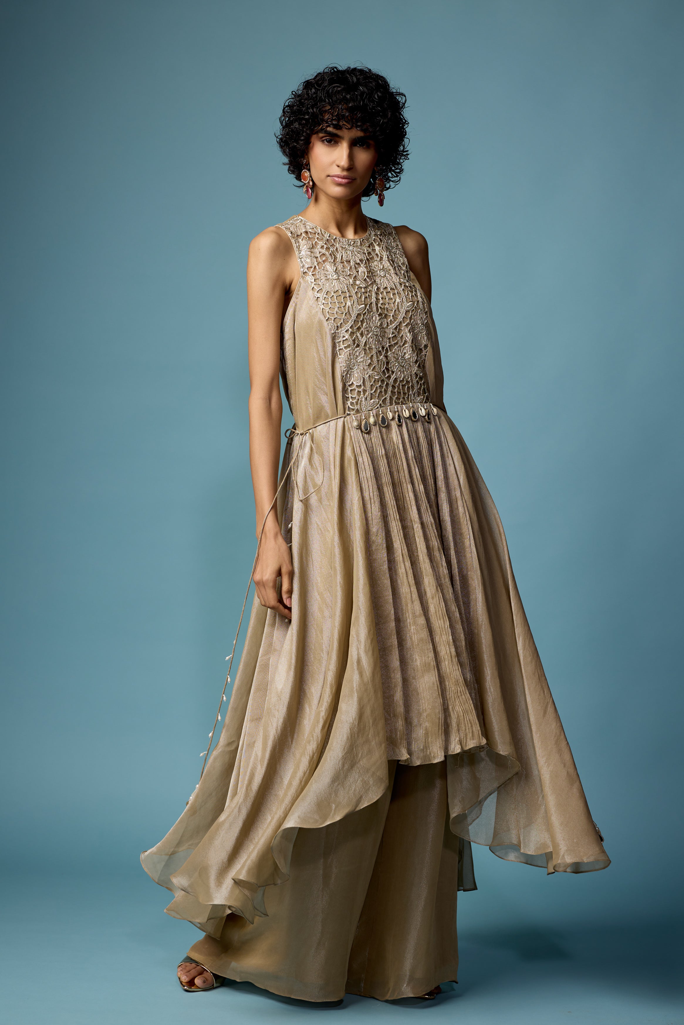 Champagne Beige Embellished Organza Silk Sharara Set