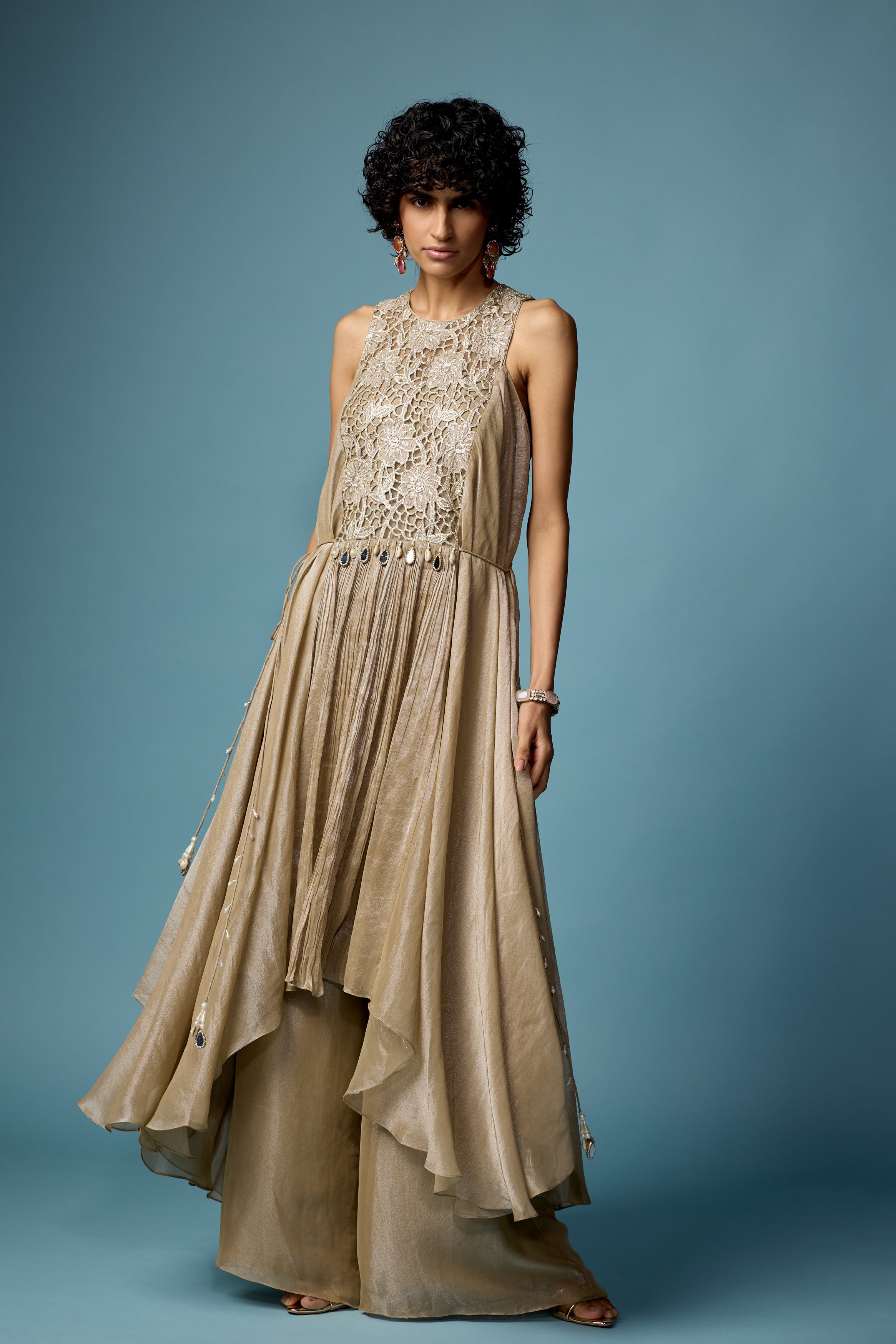Champagne Beige Embellished Organza Silk Sharara Set