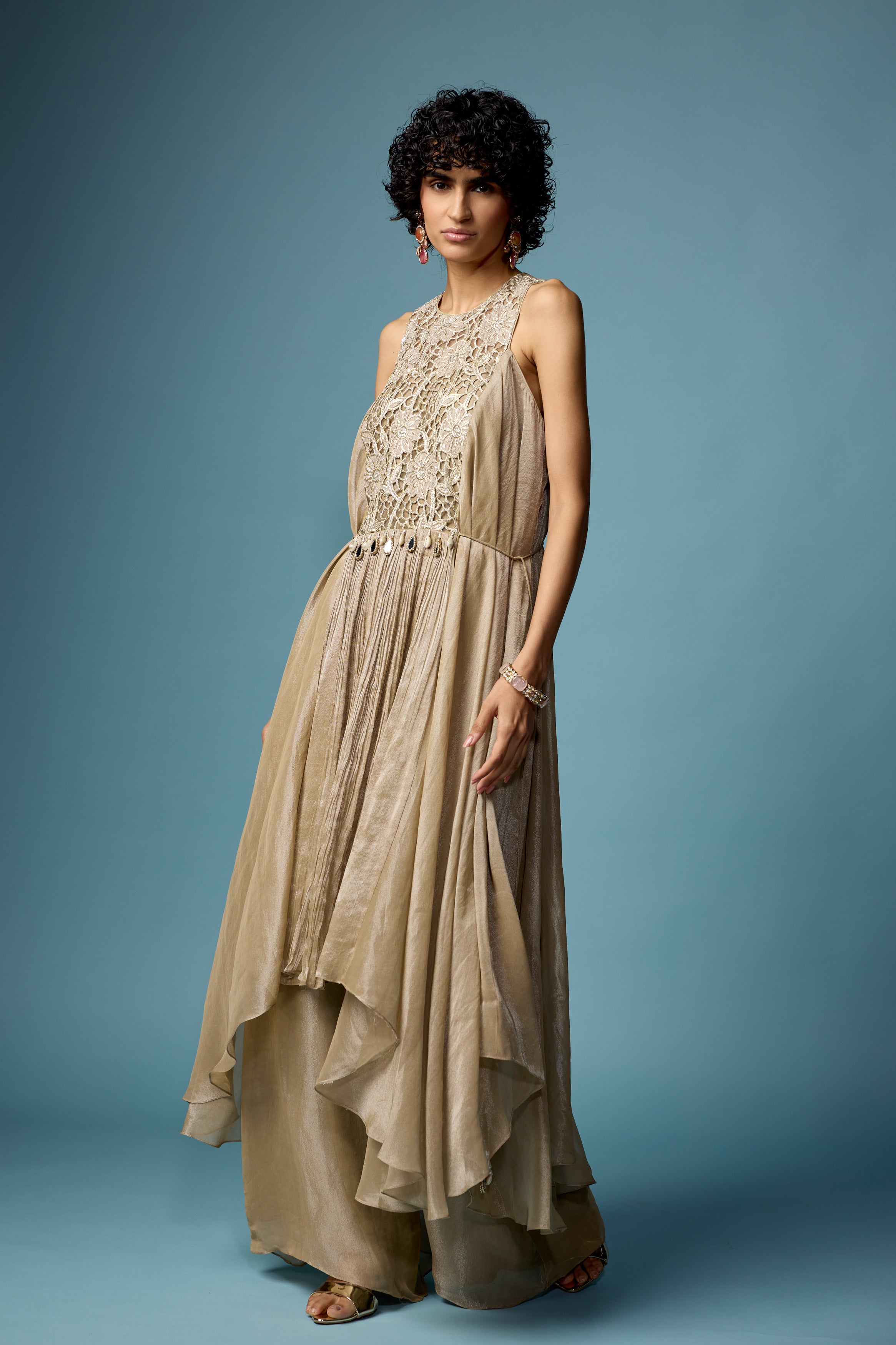 Champagne Beige Embellished Organza Silk Sharara Set