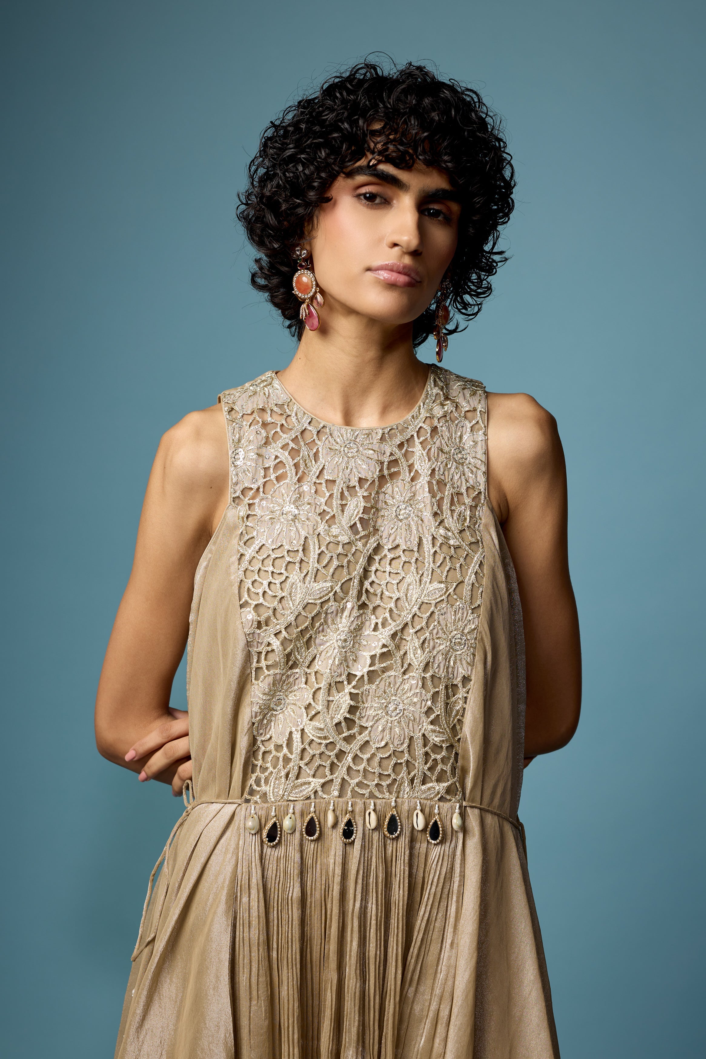 Champagne Beige Embellished Organza Silk Sharara Set