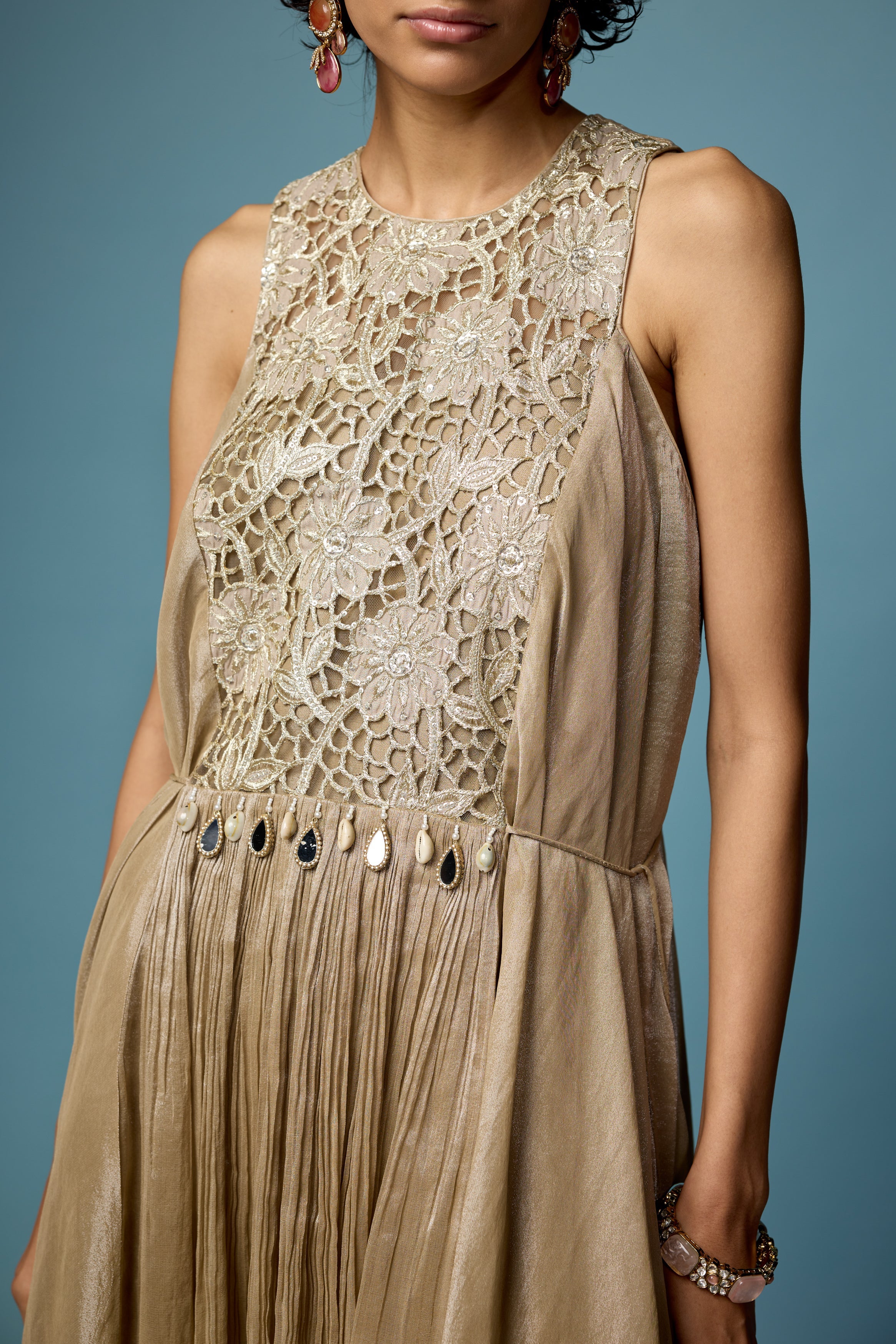 Champagne Beige Embellished Organza Silk Sharara Set