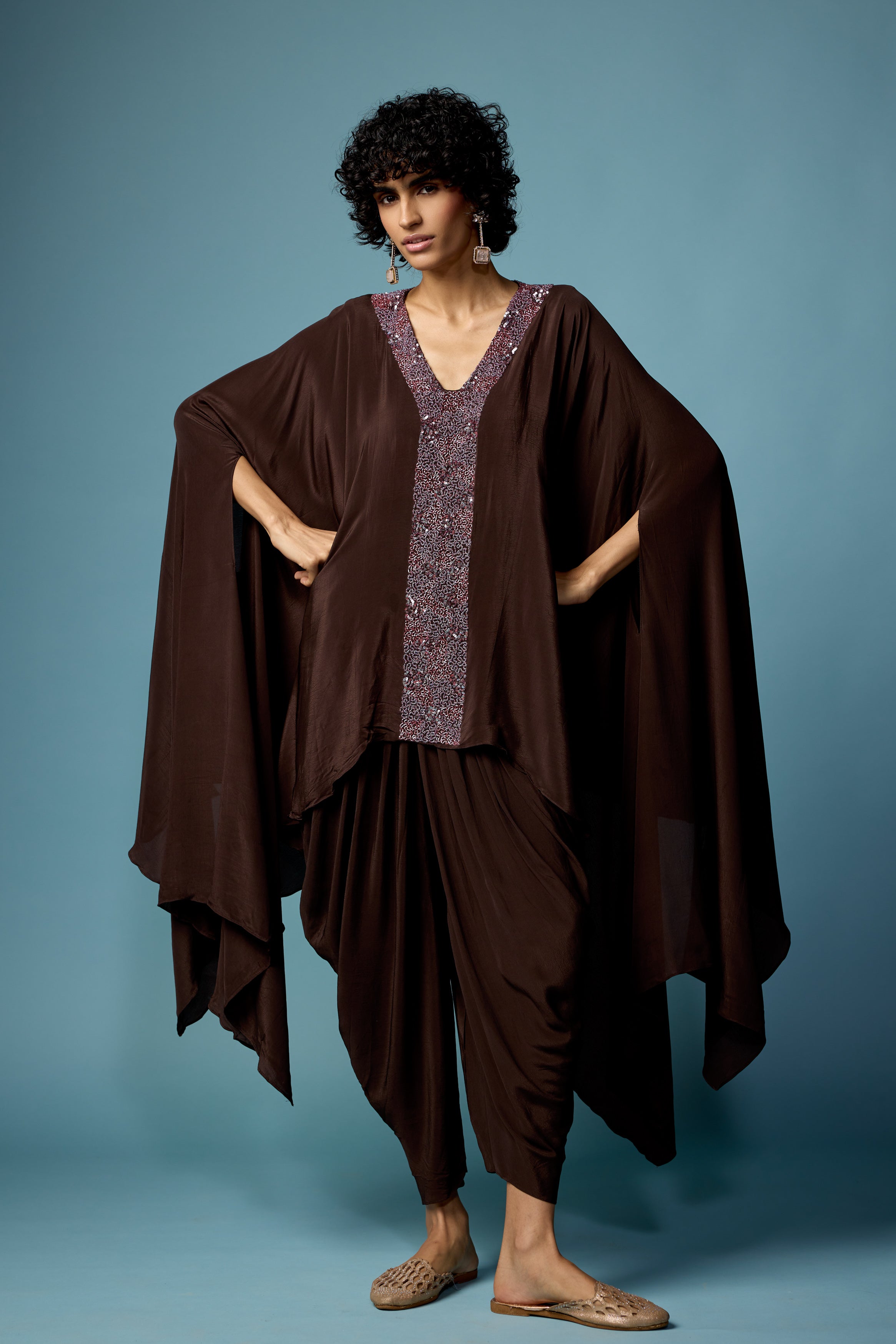 Coffee Brown Embellished Satin Silk Dhoti Set