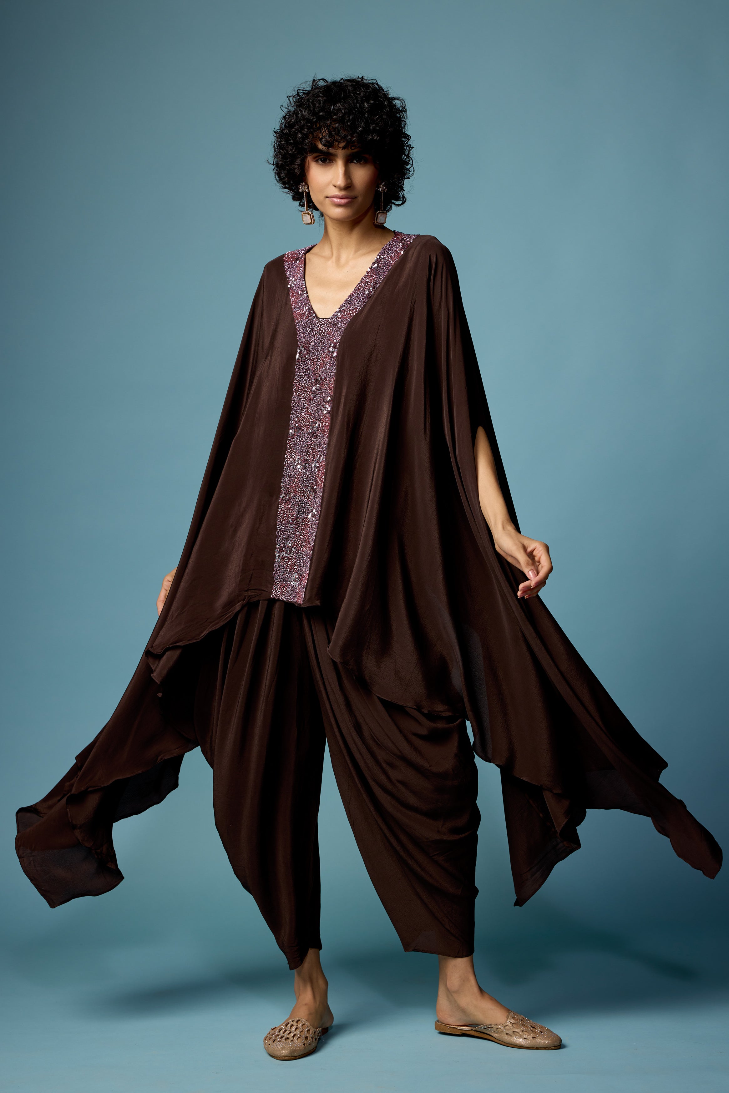 Coffee Brown Embellished Satin Silk Dhoti Set