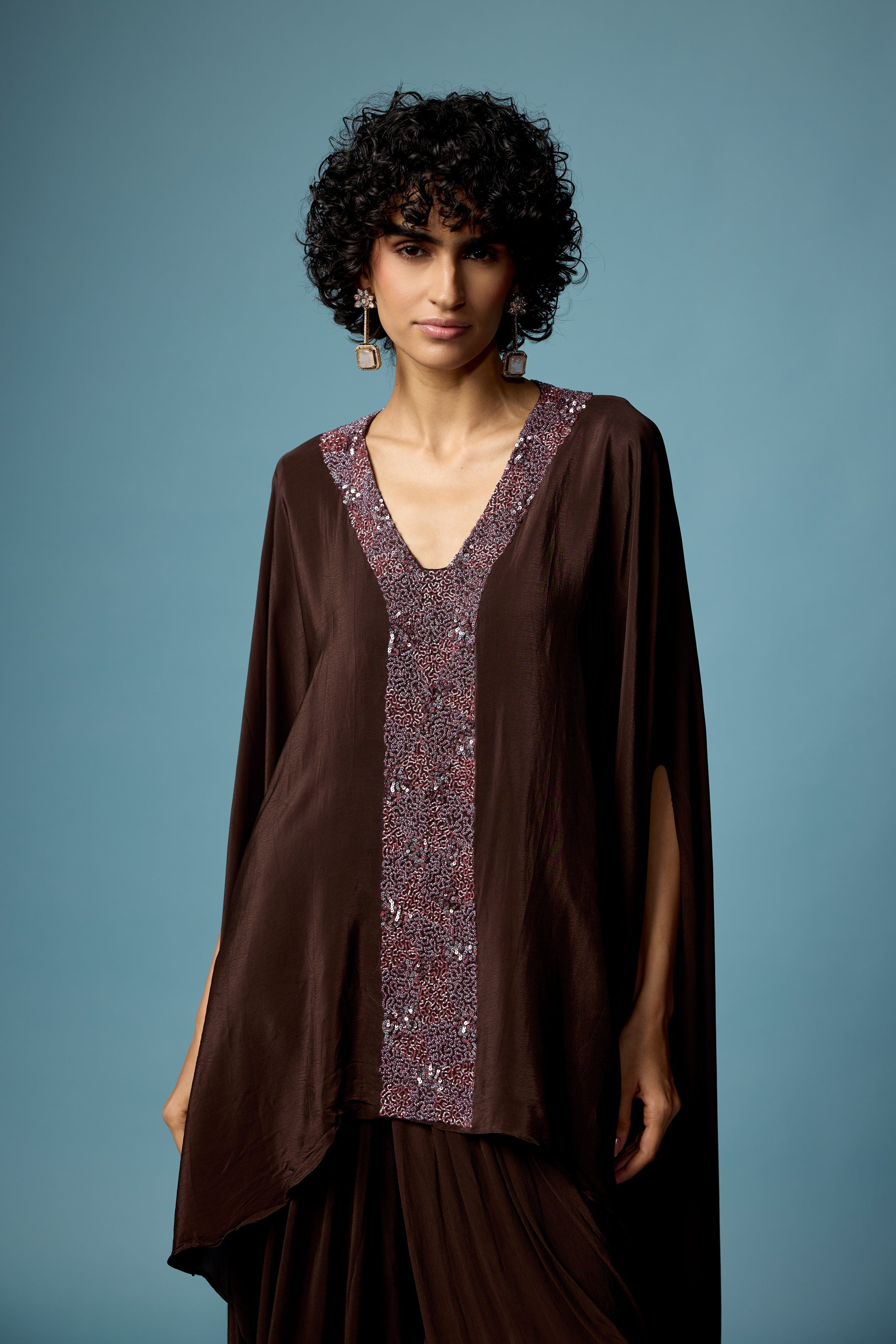 Coffee Brown Embellished Satin Silk Dhoti Set