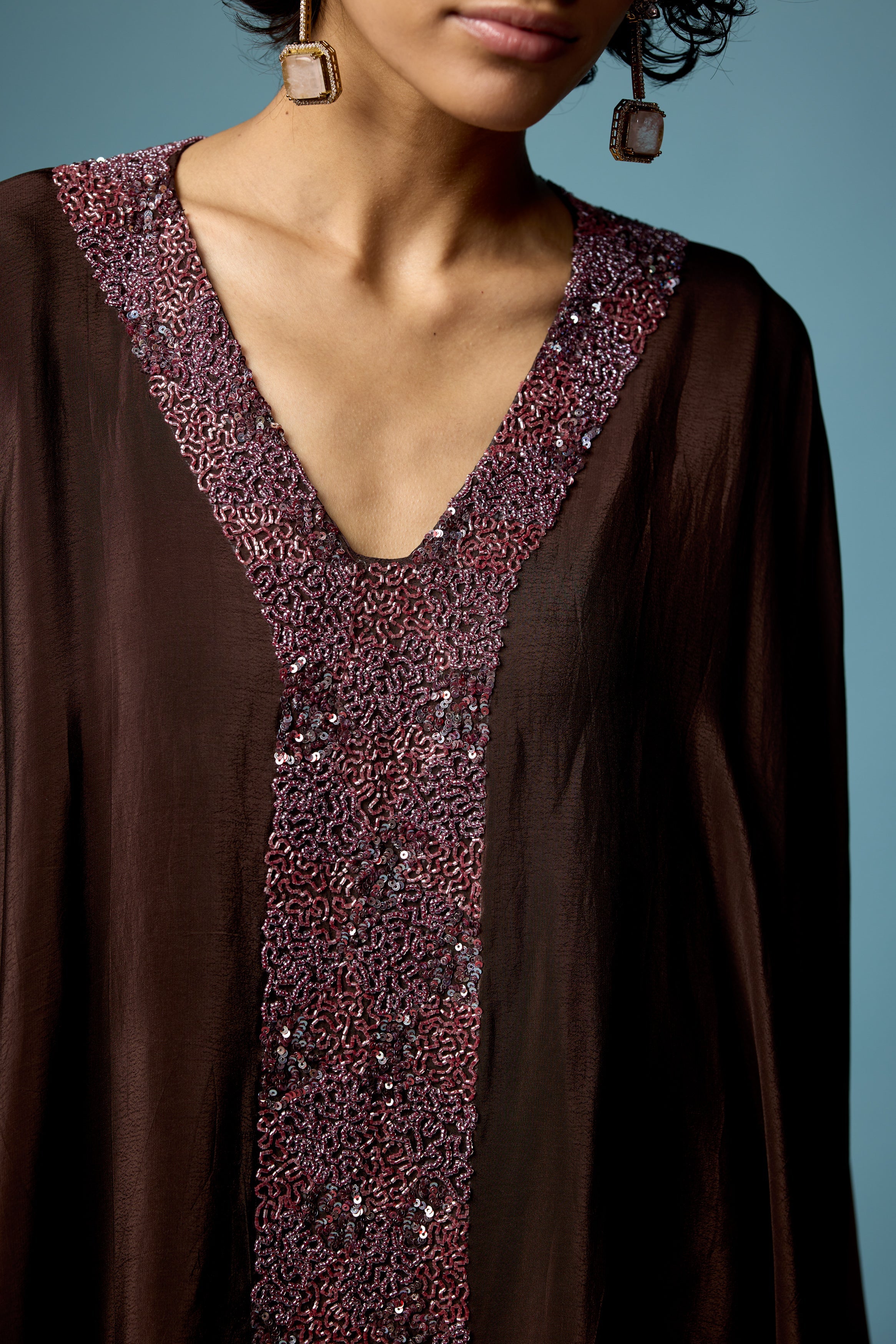 Coffee Brown Embellished Satin Silk Dhoti Set