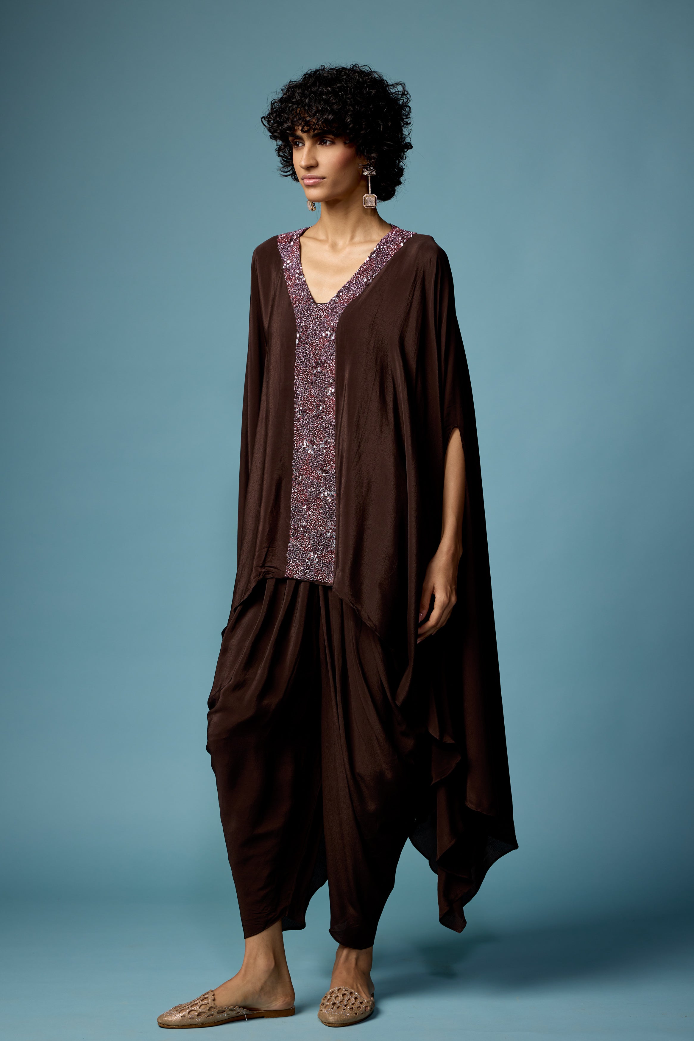 Coffee Brown Embellished Satin Silk Dhoti Set