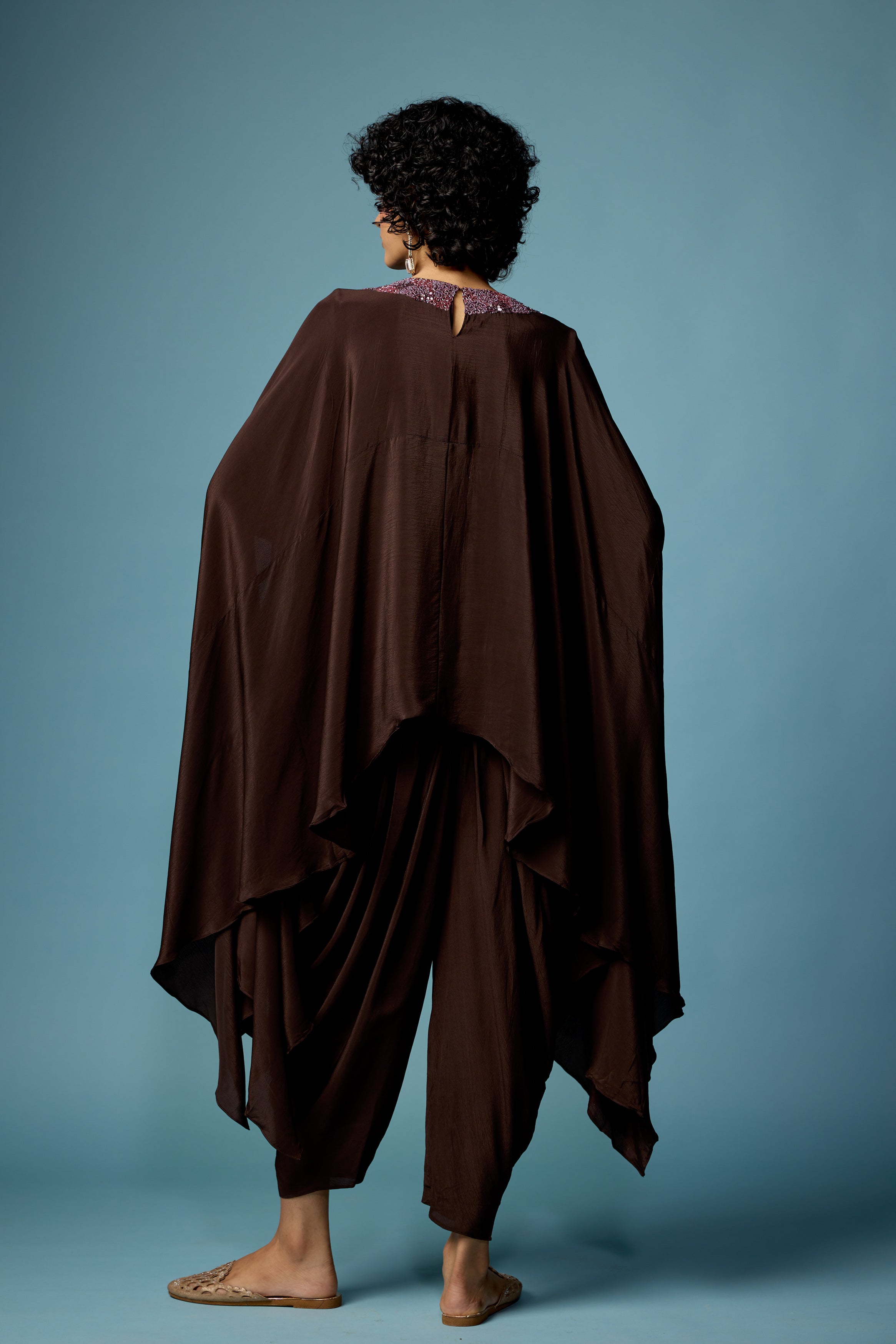 Coffee Brown Embellished Satin Silk Dhoti Set