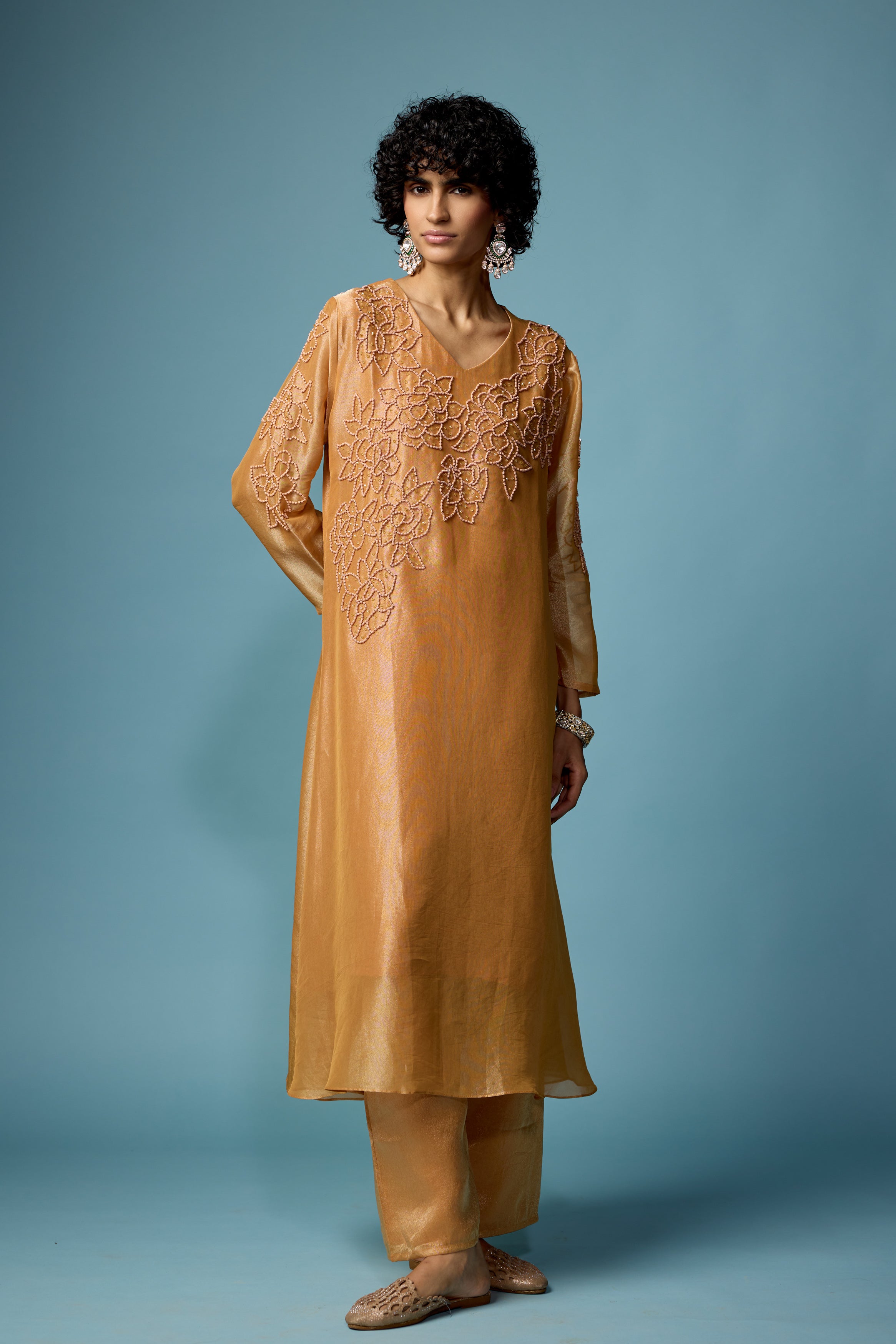 Rust Gold Embellished Shimmer Tissue Silk Kurta Set