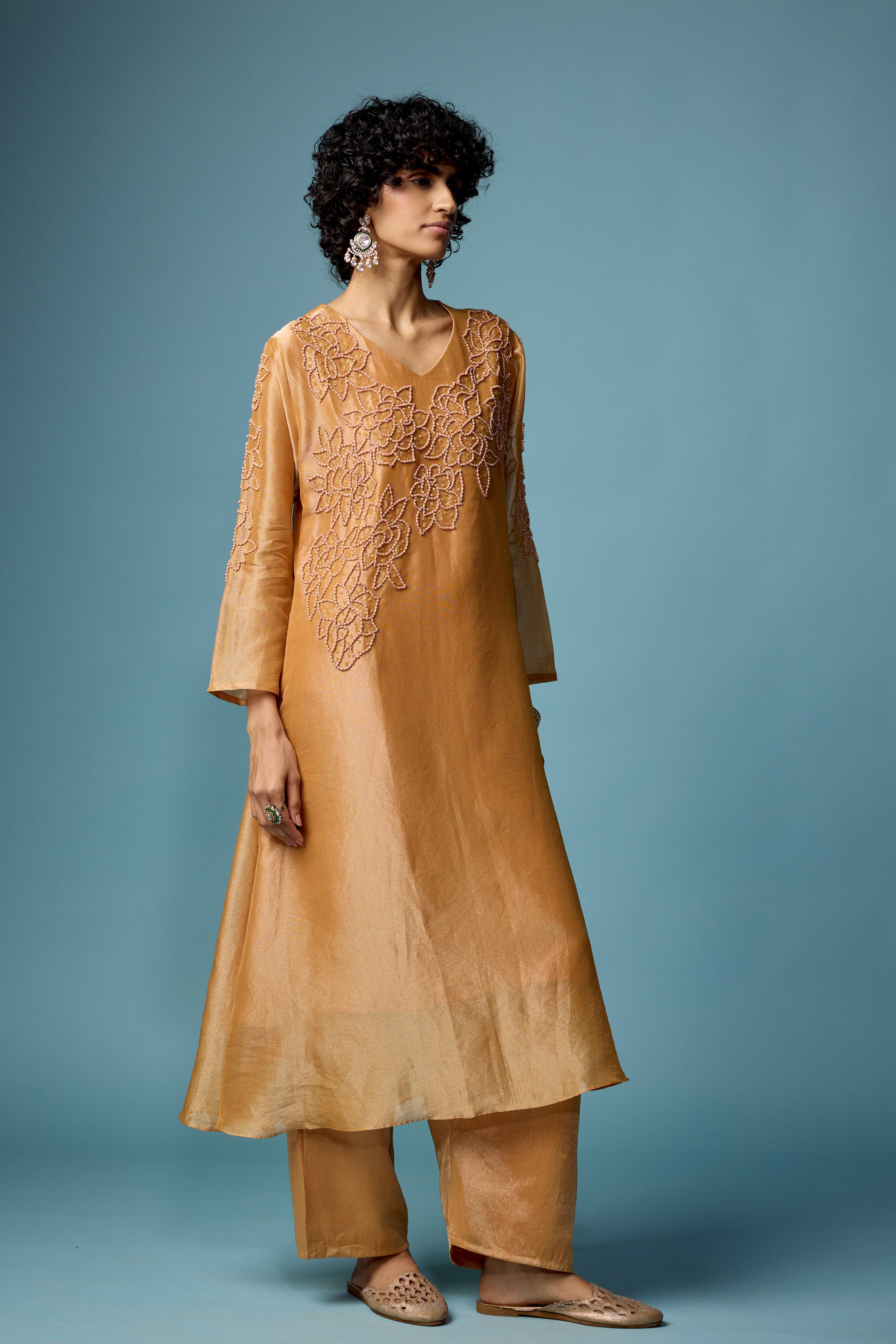 Rust Gold Embellished Shimmer Tissue Silk Kurta Set