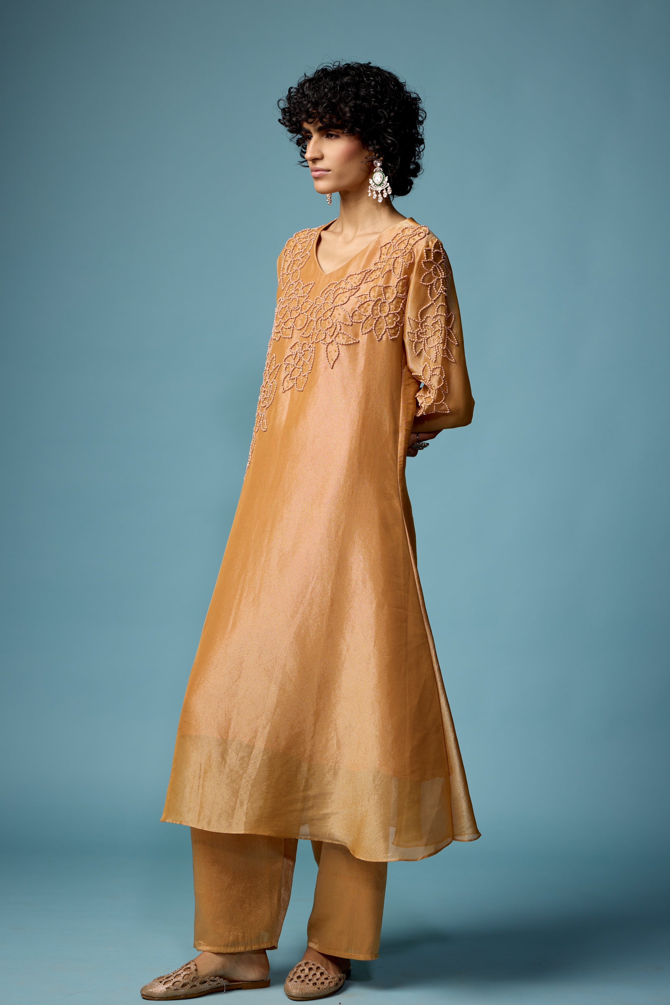 Rust Gold Embellished Shimmer Tissue Silk Kurta Set