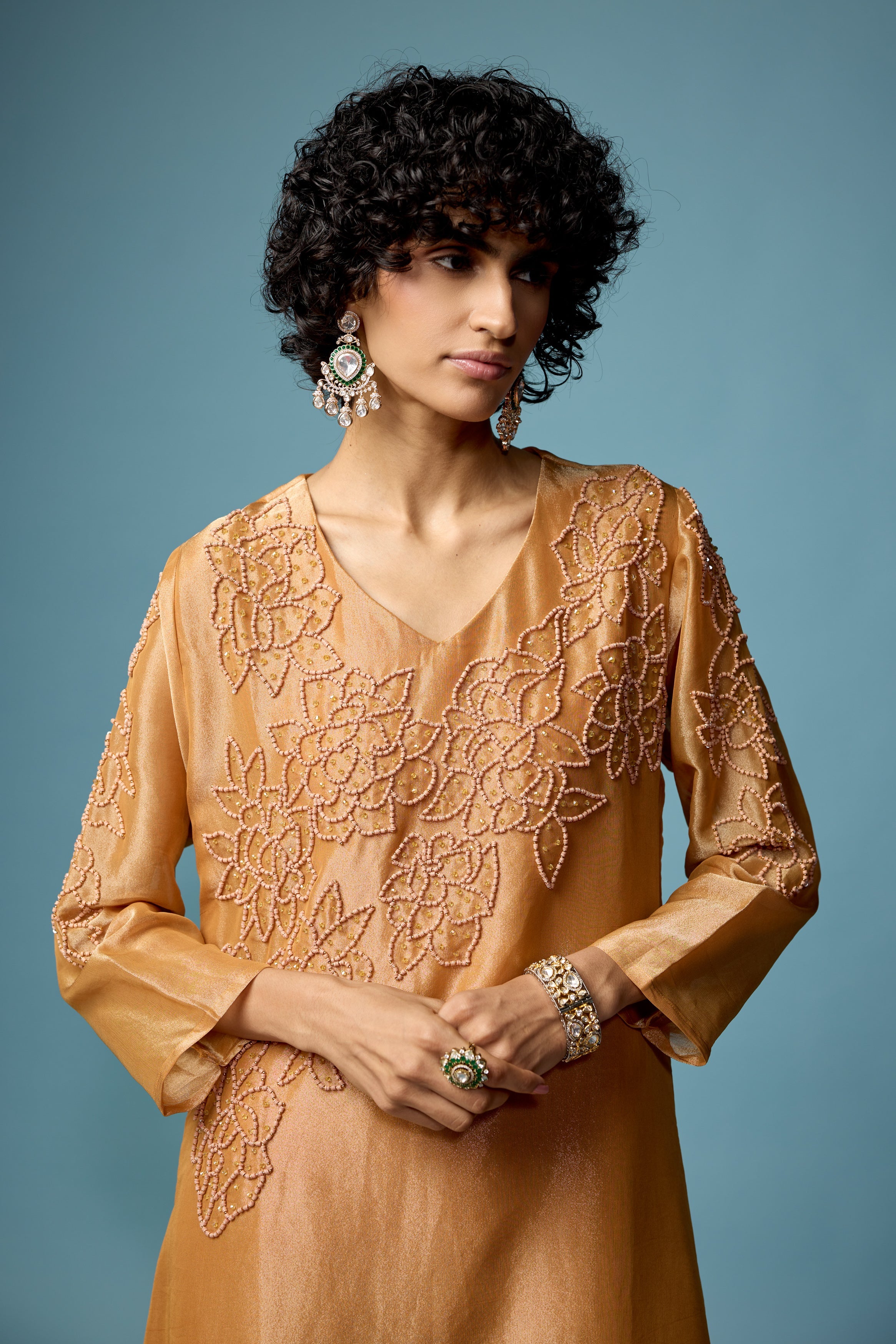 Rust Gold Embellished Shimmer Tissue Silk Kurta Set
