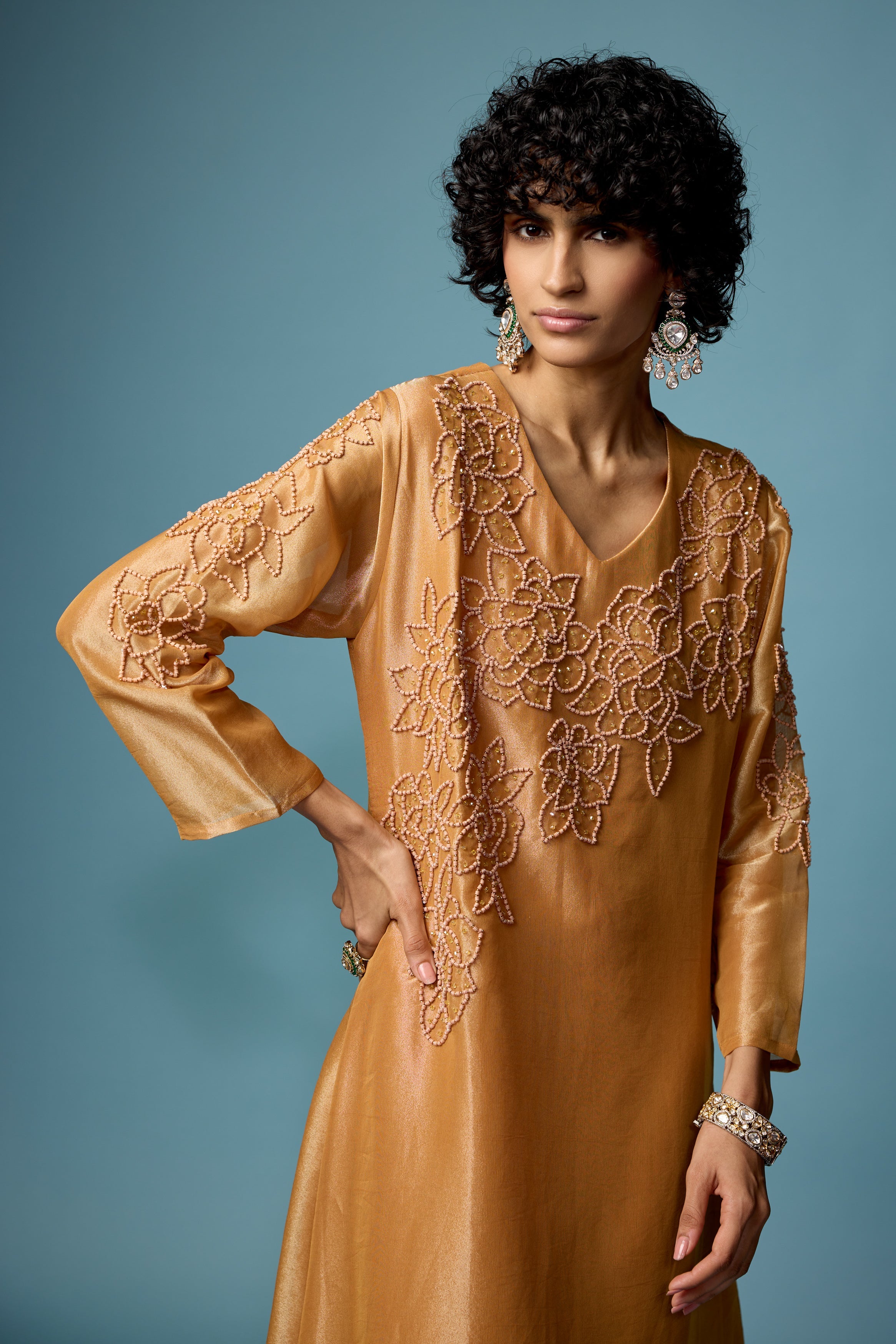 Rust Gold Embellished Shimmer Tissue Silk Kurta Set