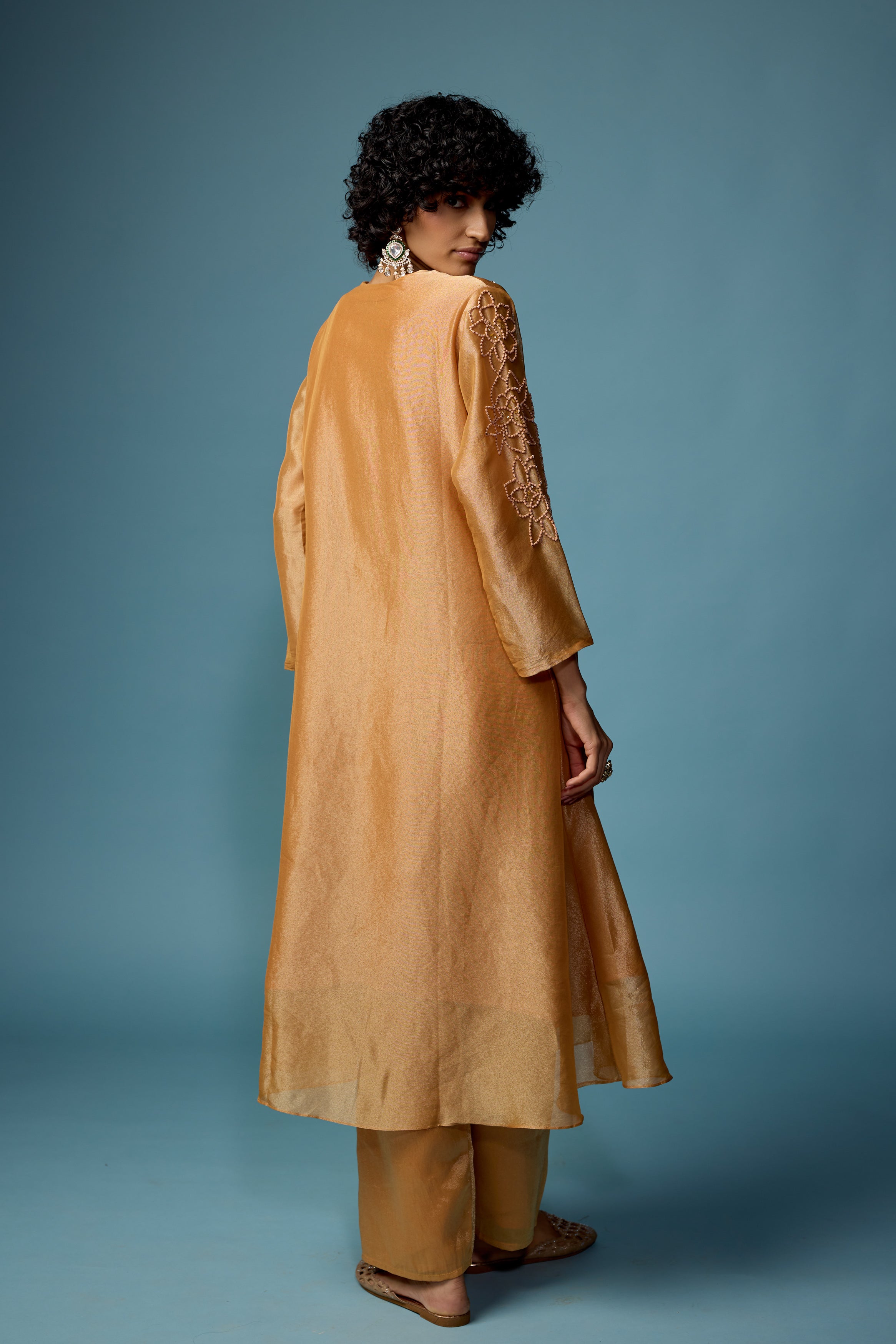 Rust Gold Embellished Shimmer Tissue Silk Kurta Set