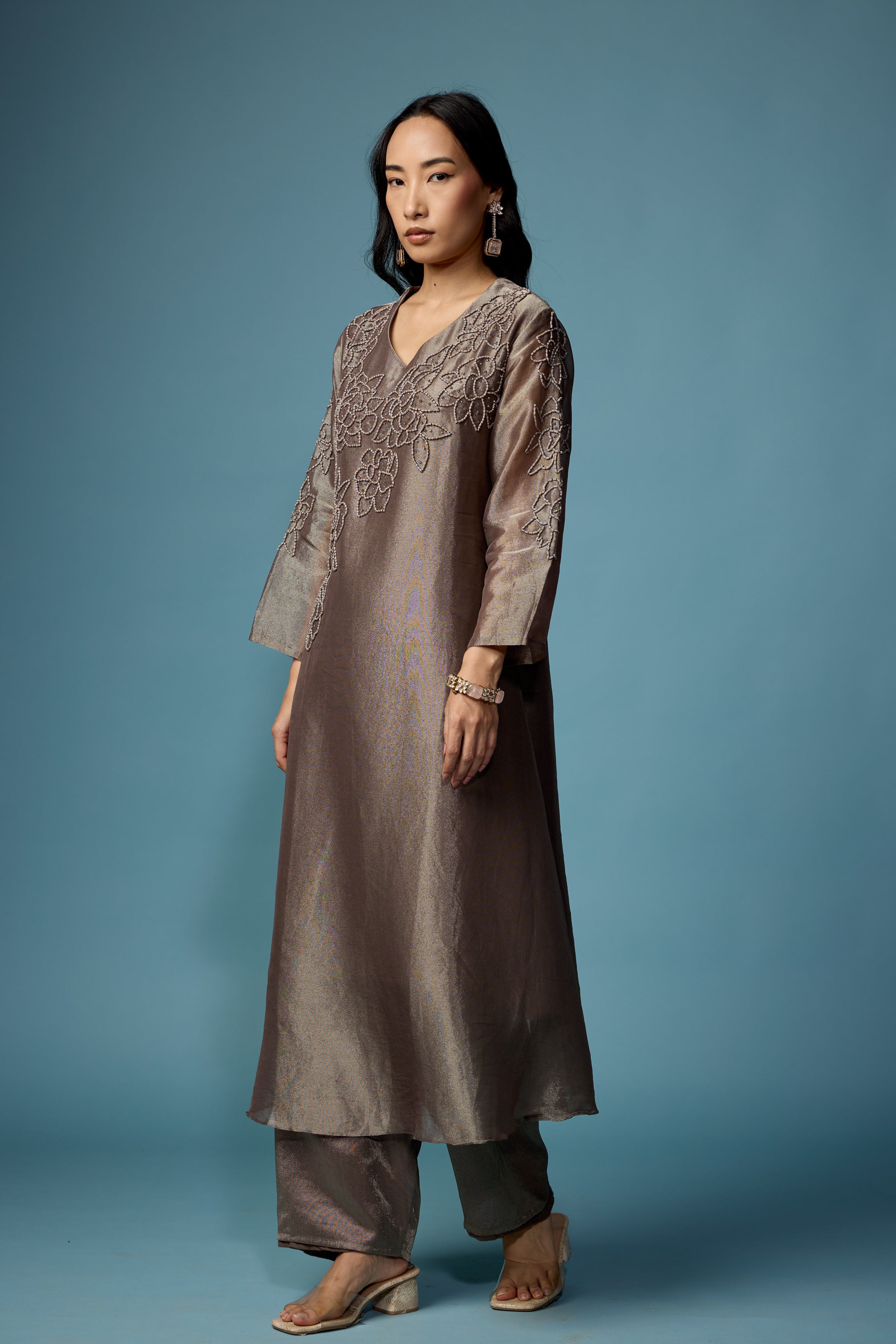 Greyish Green Embellished Shimmer Tissue Silk Kurta Set