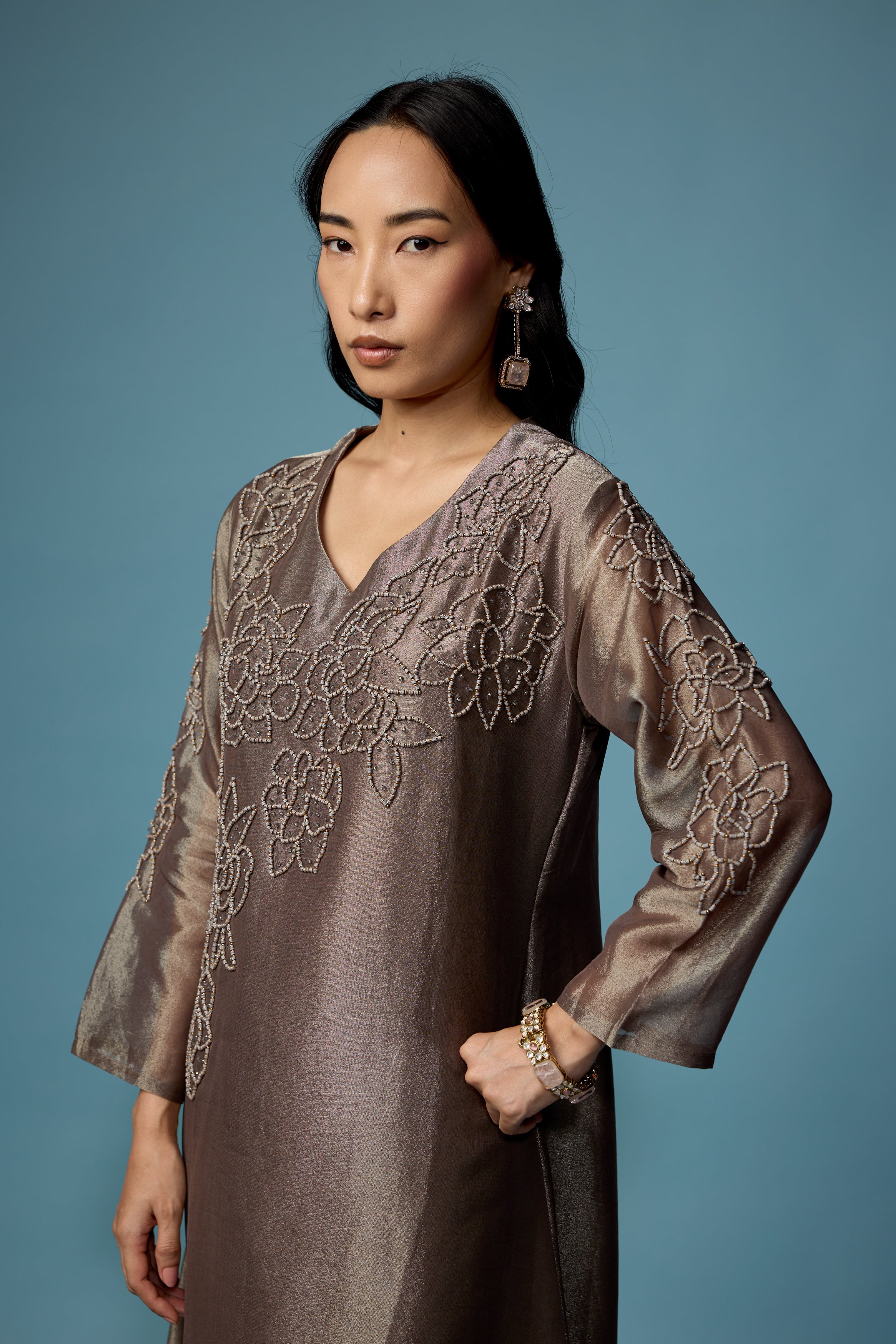 Greyish Green Embellished Shimmer Tissue Silk Kurta Set