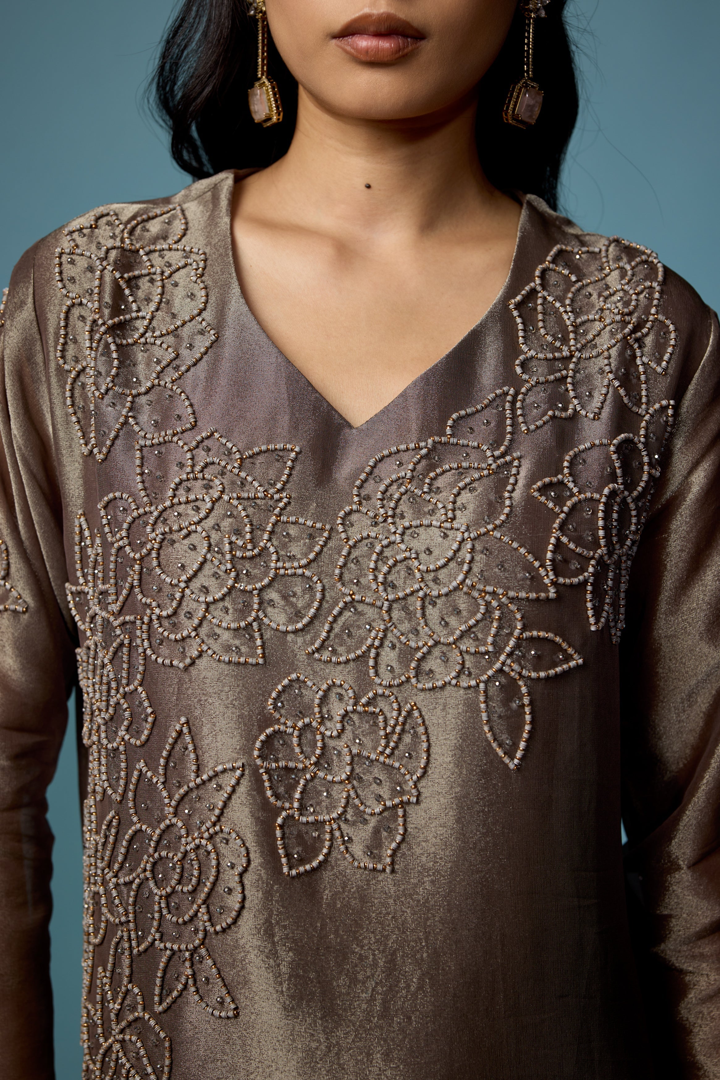 Greyish Green Embellished Shimmer Tissue Silk Kurta Set