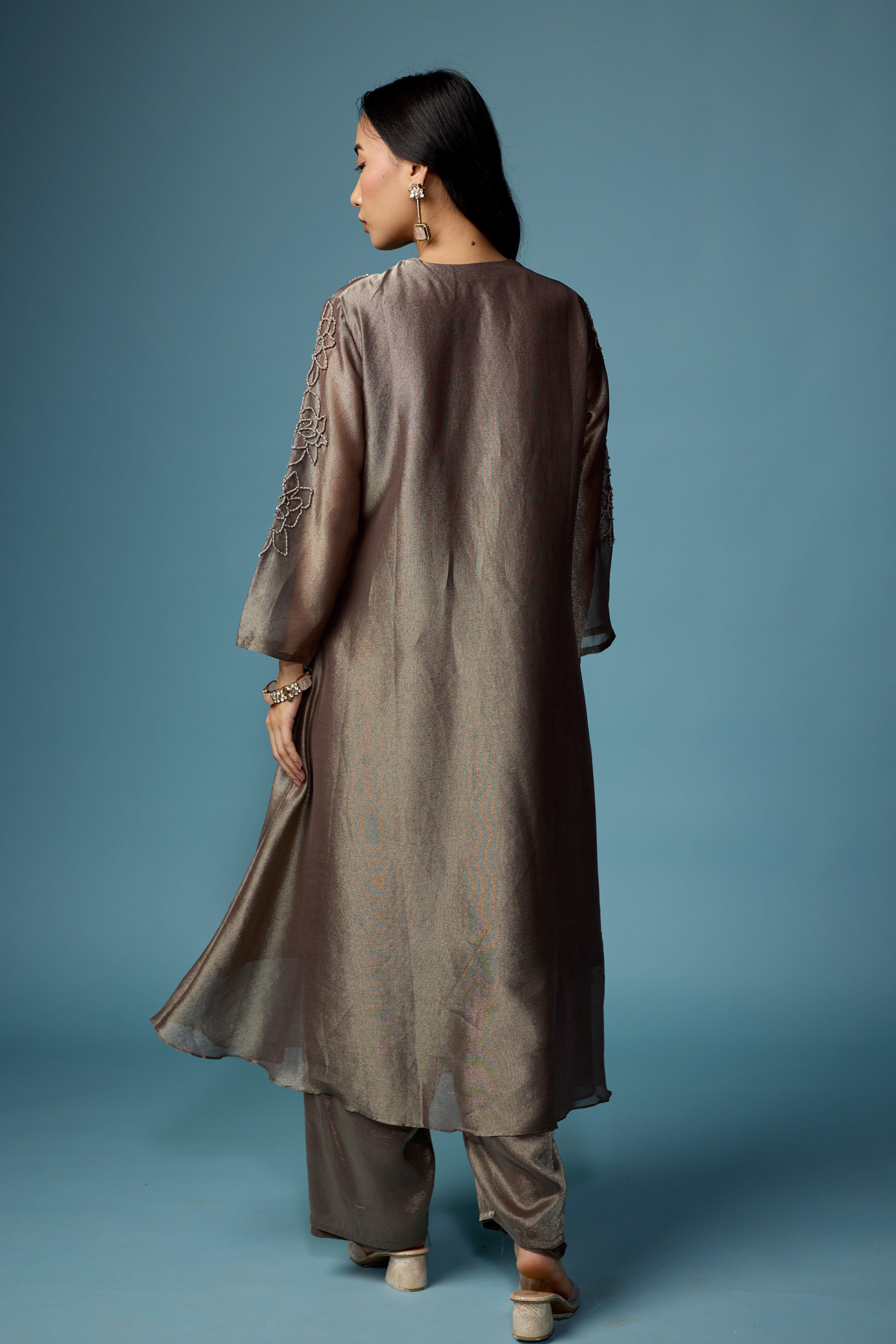 Greyish Green Embellished Shimmer Tissue Silk Kurta Set