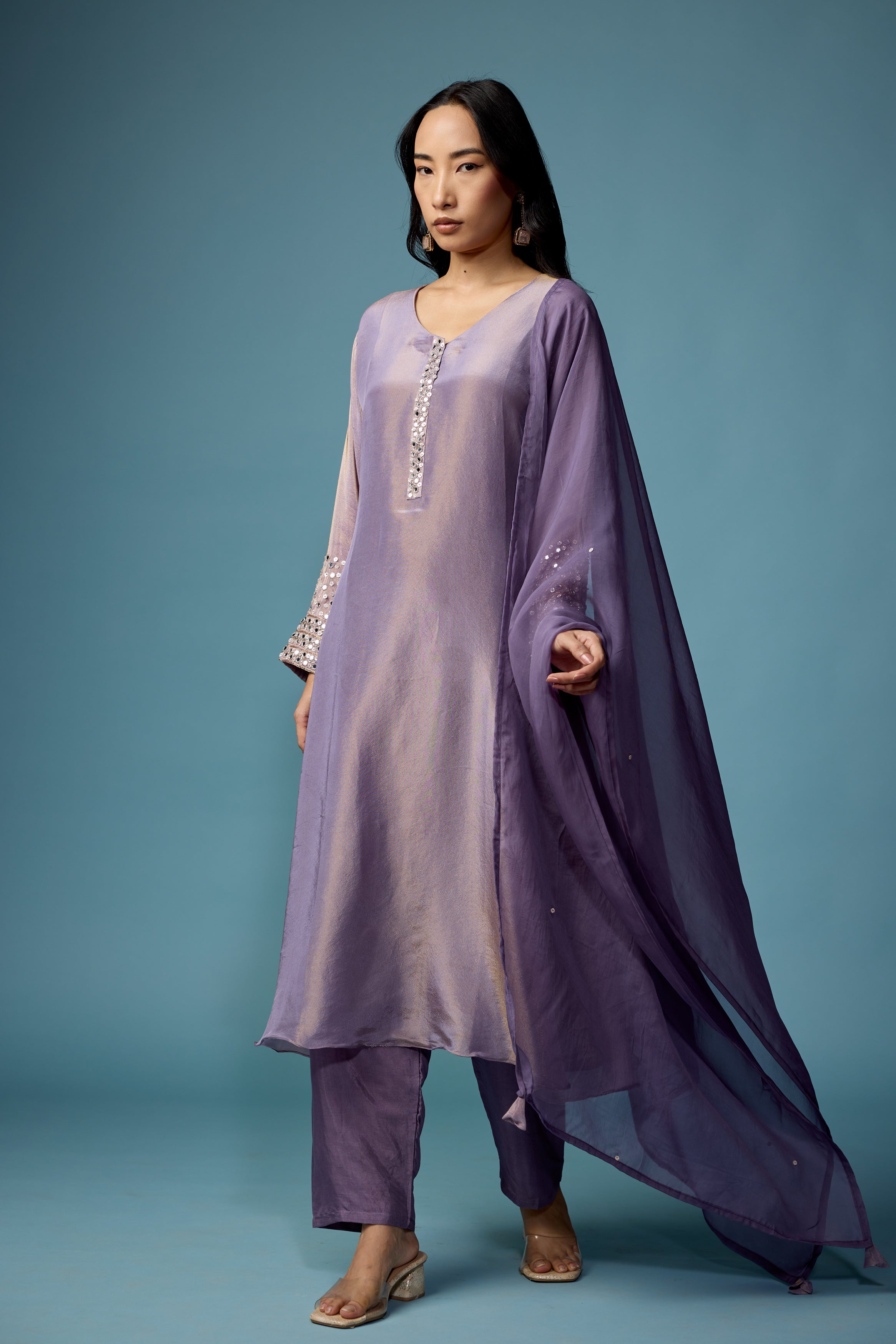 Mauve Glow Embellished Shimmer Tissue Silk Pant Set