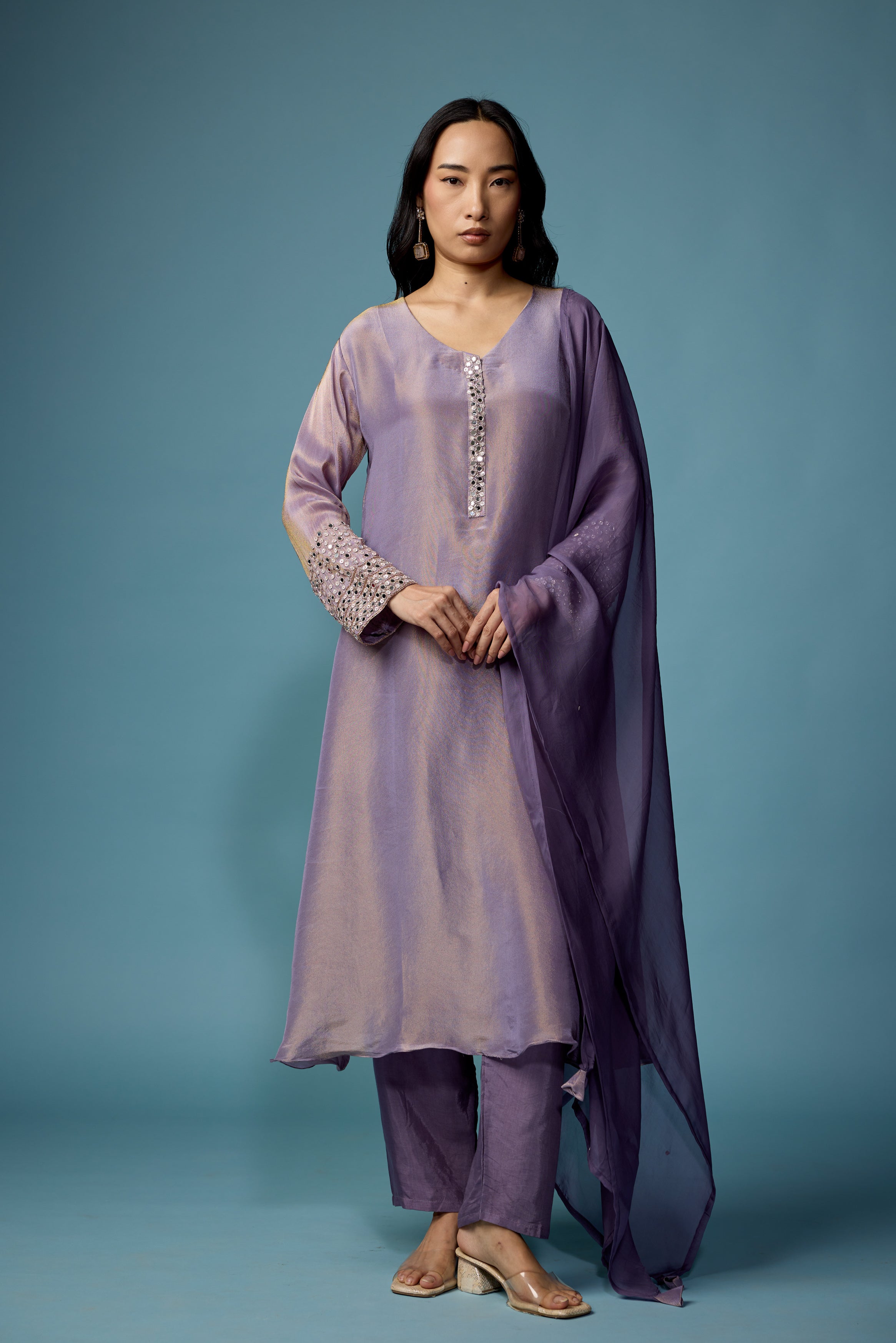 Mauve Glow Embellished Shimmer Tissue Silk Pant Set