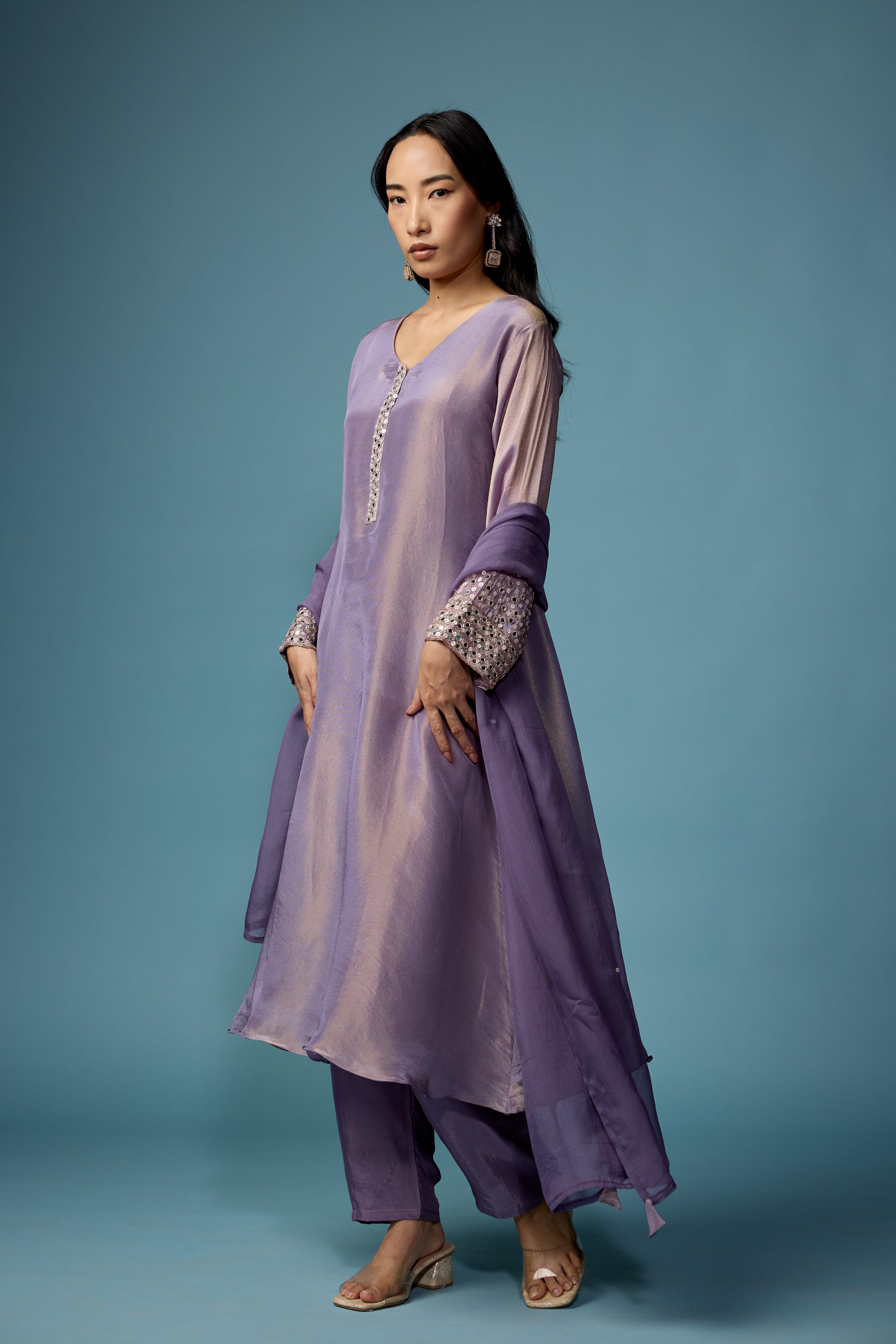 Mauve Glow Embellished Shimmer Tissue Silk Pant Set